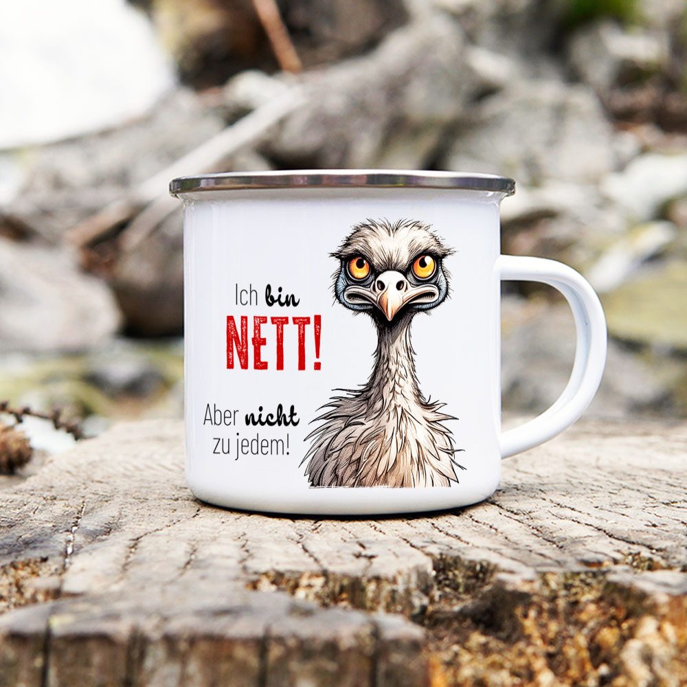 Cadouri Tasse ICH BIN NETT! Camping Emaille Tasse, Campingtasse, Metall, Campingbecher, Kaffeetasse für Camper, handgefertigt, Geschenk, 300 ml