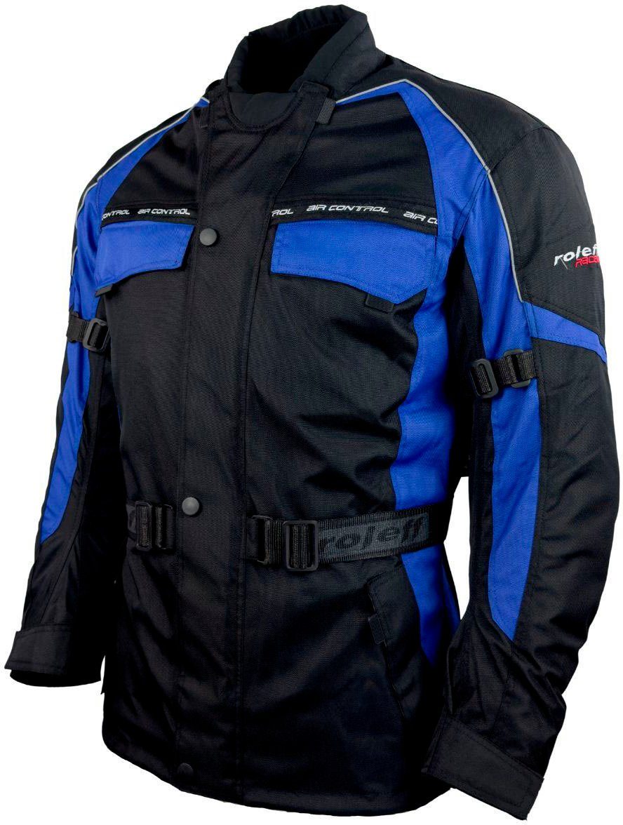 3 Taschen, Motorradjacke Reno blau-schwarz 4 Protektoren, mit roleff Belüftungslöcher