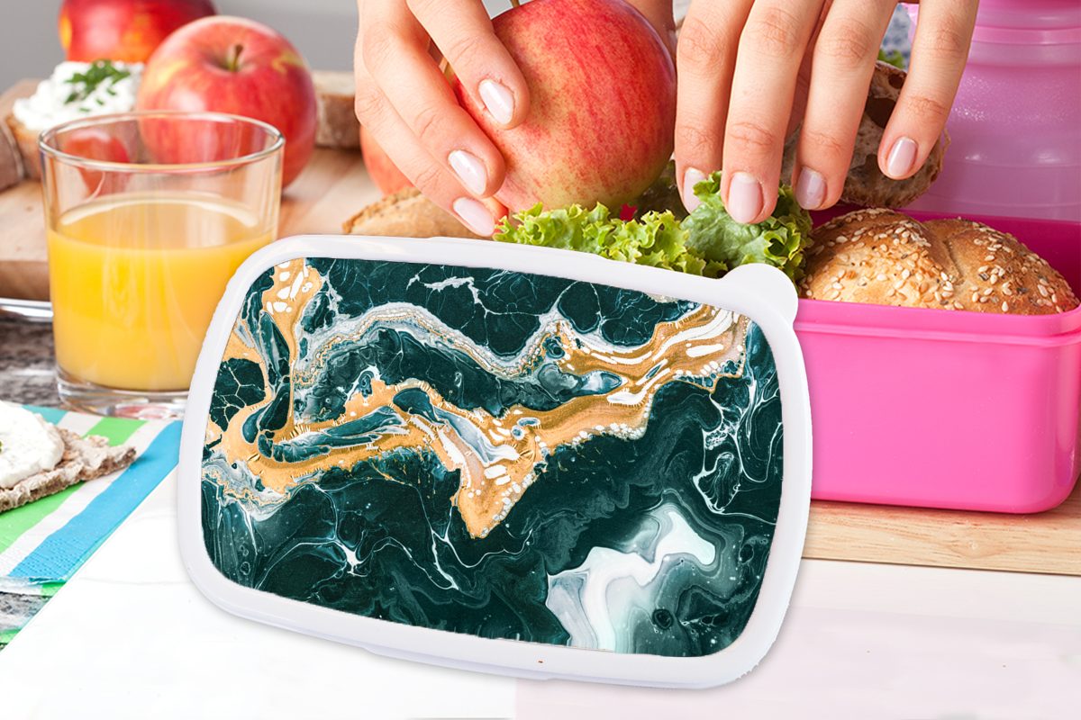 MuchoWow Lunchbox Marmor Brotbox Kunststoff Erwachsene, für - Brotdose Golden, - Aqua Mädchen, Kinder, Kunststoff, (2-tlg), rosa Snackbox