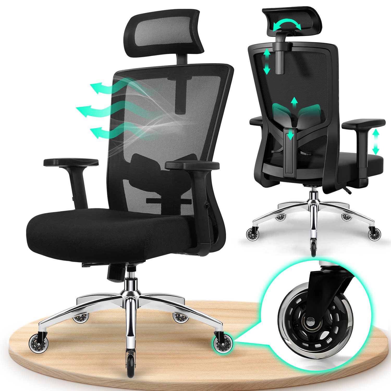 Adormii Bürostuhl Ergonomischer Bürostuhl, Schreibtischstuhl Chefsessel (Drehstuhl 360°mit Verstellbarer Kopfstütze, Lendenwirbelstütze und Verstellbarer Armlehnen, Computerstuhl, Wippfunktion bis 135), Höhenverstellbar, Atmungsaktiver Netzbezug, 150KG Belastbarkeit