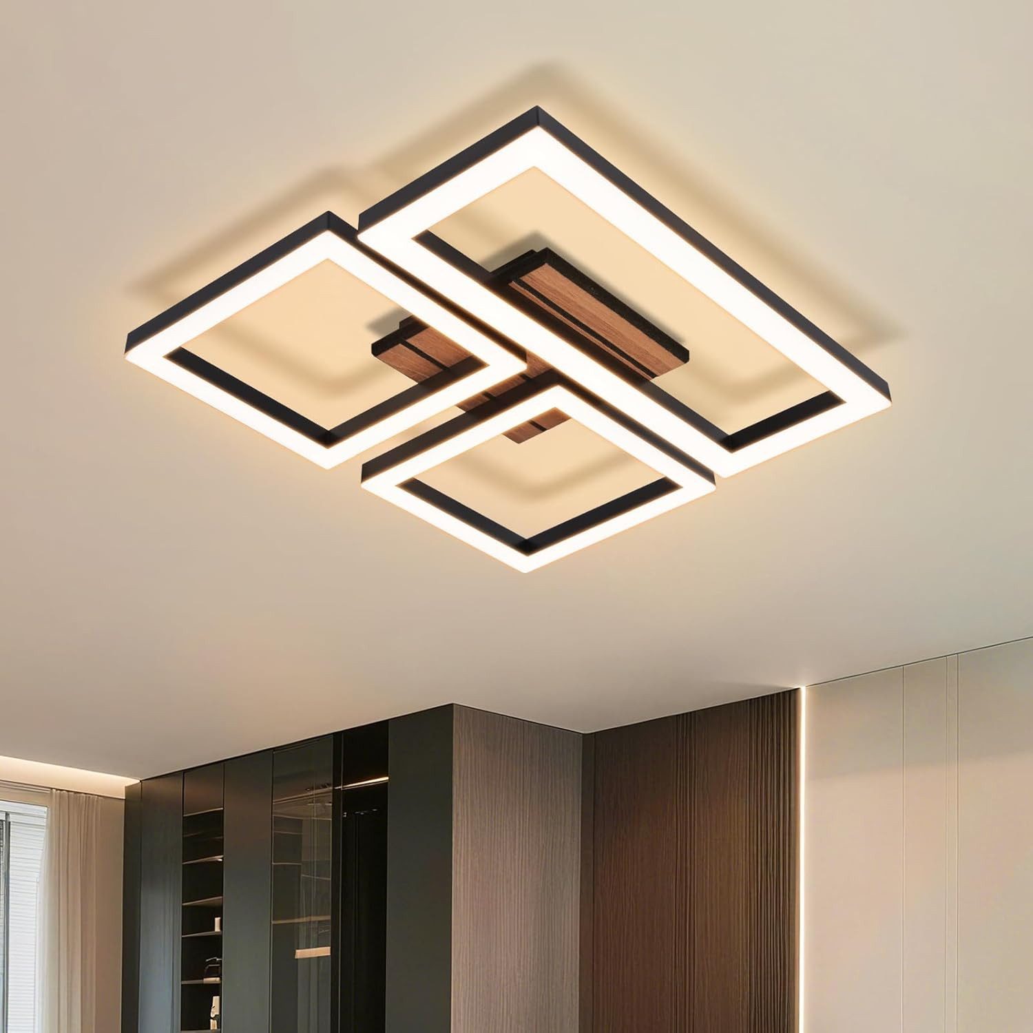 Nettlife LED Deckenleuchte Retro schwarz 14/21W eckig 3000K Warmweiß Design lampe Holz, LED fest integriert, für Küche Schlafzimmer Flur Wohnzimmer Bürolampe Zuhause