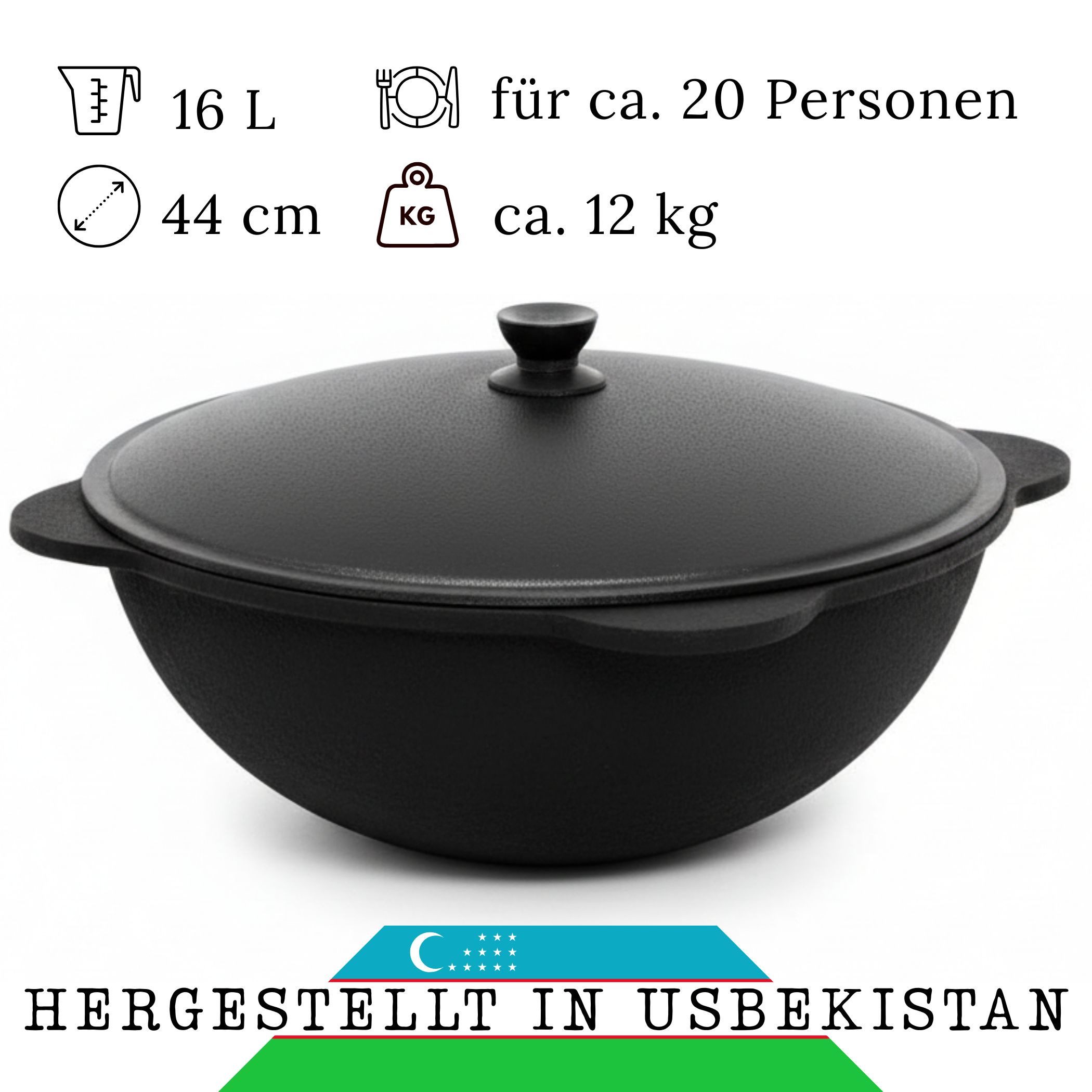 4BIG.fun Grilltopf NAMANGAN 16L Uzbek Kasan Gusseisen Grilltopf WOK Feuertopf Campingtopf, Gusseisen (Gusseisener Kasan mit Deckel)
