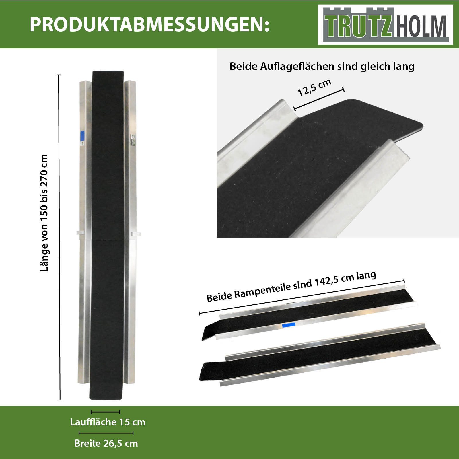 TRUTZHOLM Auffahrrampe Alu 150-270 cm verstellbar 50 kg Auffahrschiene Fahrrad E-Bike Mofa (1-St), Friktionsbeschichtete Oberfläche, Länge flexibel anpassbar