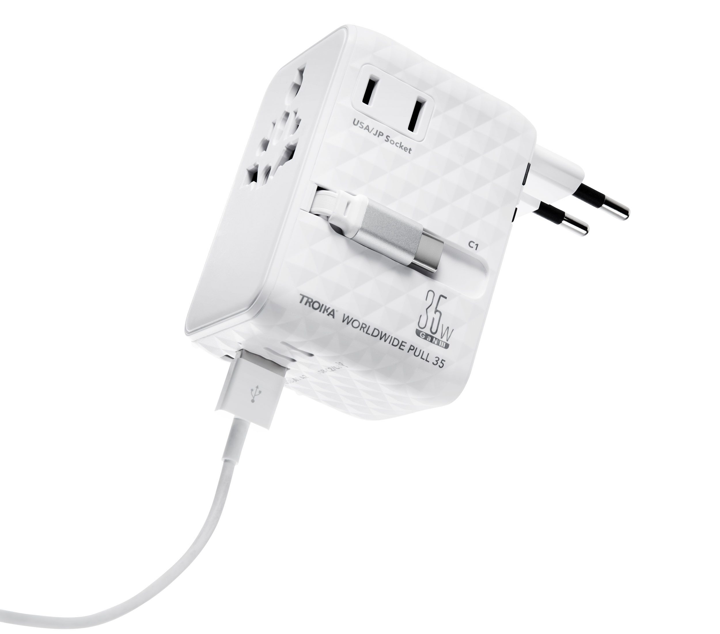 TROIKA WORLDWIDE PULL 35, für über 200 Länder GaN3 Schnellladen 35W USB-C Reiseadapter EU/USA/AUS/CHN/UK/JP zu USB-A, USB-C, 75 cm, ausziehbares Kabel, 6 Geräte gleichzeitig laden, universaladapter