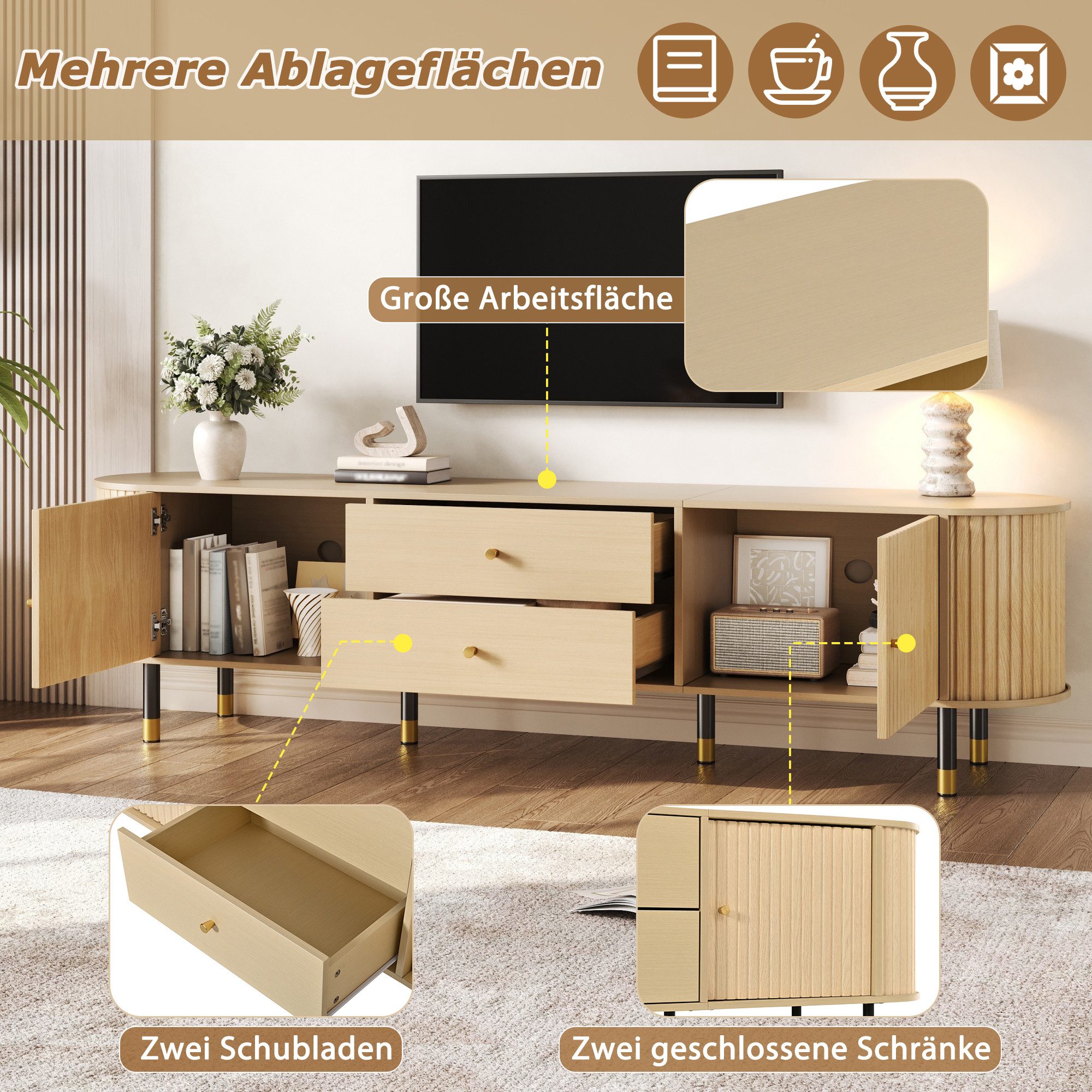 HAUSS SPOLE TV-Schrank mit Schiebetüren & Schubladen,Lowboard 180x40x58cm Holzoptik,Natur (Wohnzimmer-Medienkonsole Fernsehschrank mit abgerundetem Design und Holzmaserung) Fernsehbank TV-Ständer mit 2 Schubladen und 6 Standbeinen