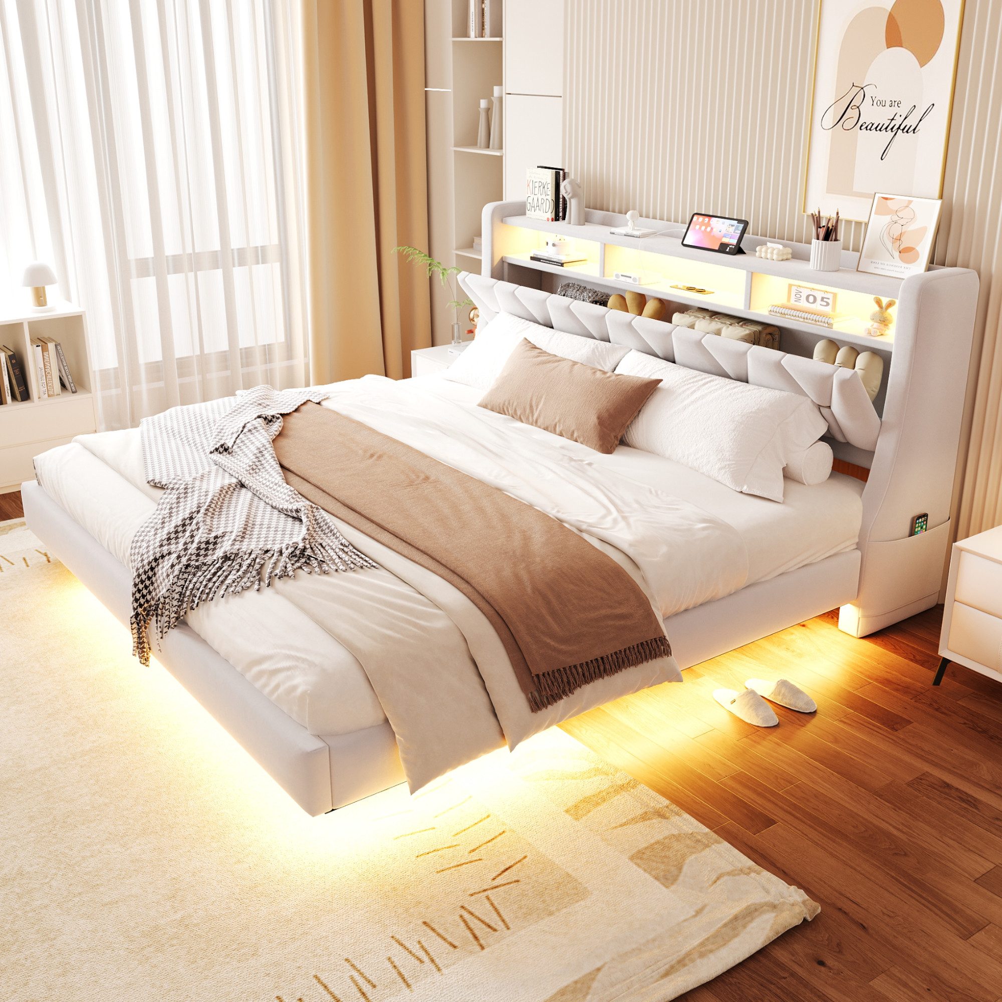 Flieks Polsterbett, Doppelbett 180x200cm mit Stauraum-Kopfteil, Aufladen, LED-Beleuchtung