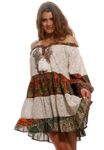 YC Fashion & Style Tunika »Hippie Tunika Kleid mit Spitze Carmen Ausschnitt« (1-tlg) mit floralem Druck