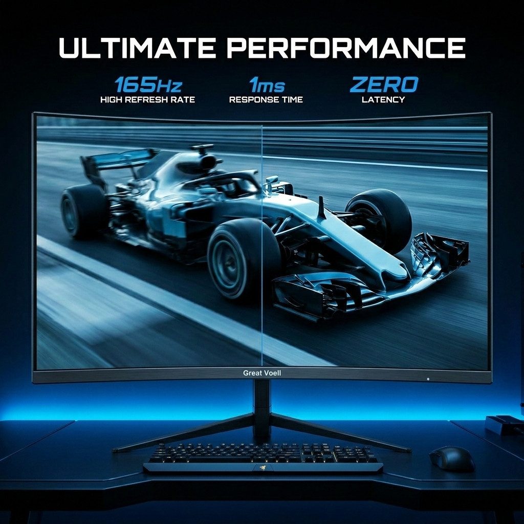 Great Voell Q270B25 Adaptive Sync, QHD, 1440P, 165Hz, 2K Curved Gaming-Monitor (68,58 cm/27 ", 2560x1440 px, QHD, 1 ms Reaktionszeit, 165 Hz, VA LED, 16:9, HDMI & DisplayPort, AMD FreeSync, 1440px, HDR10, 165Hz)