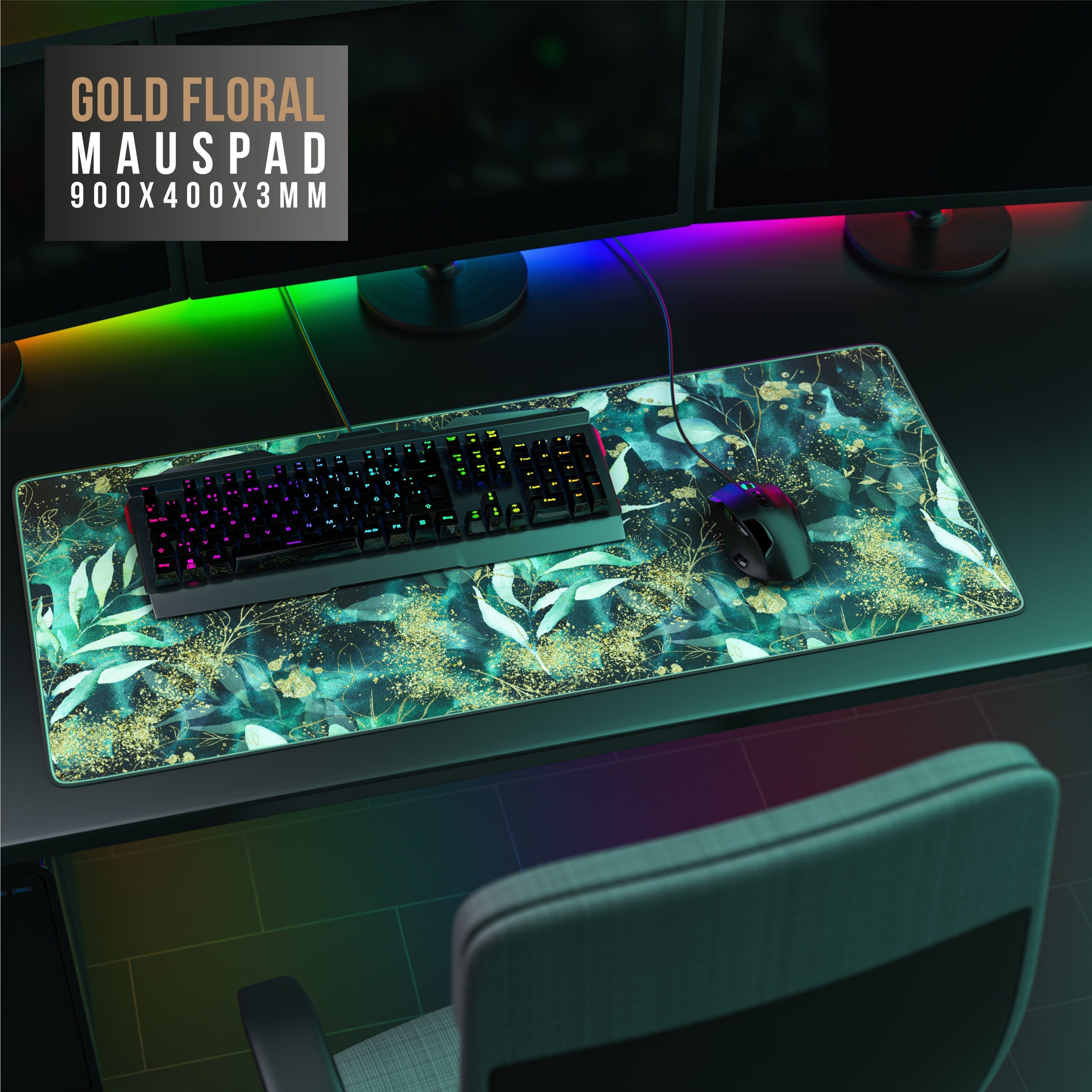 CSL Gaming Mauspad XXL Speed Mousepad 900 x 400 x 3 mm, große Tischunterlage (1-St), rutschfest, abwaschbar, Geschwindigkeit & Präzision, Gold Floral – Bild 2 von 5