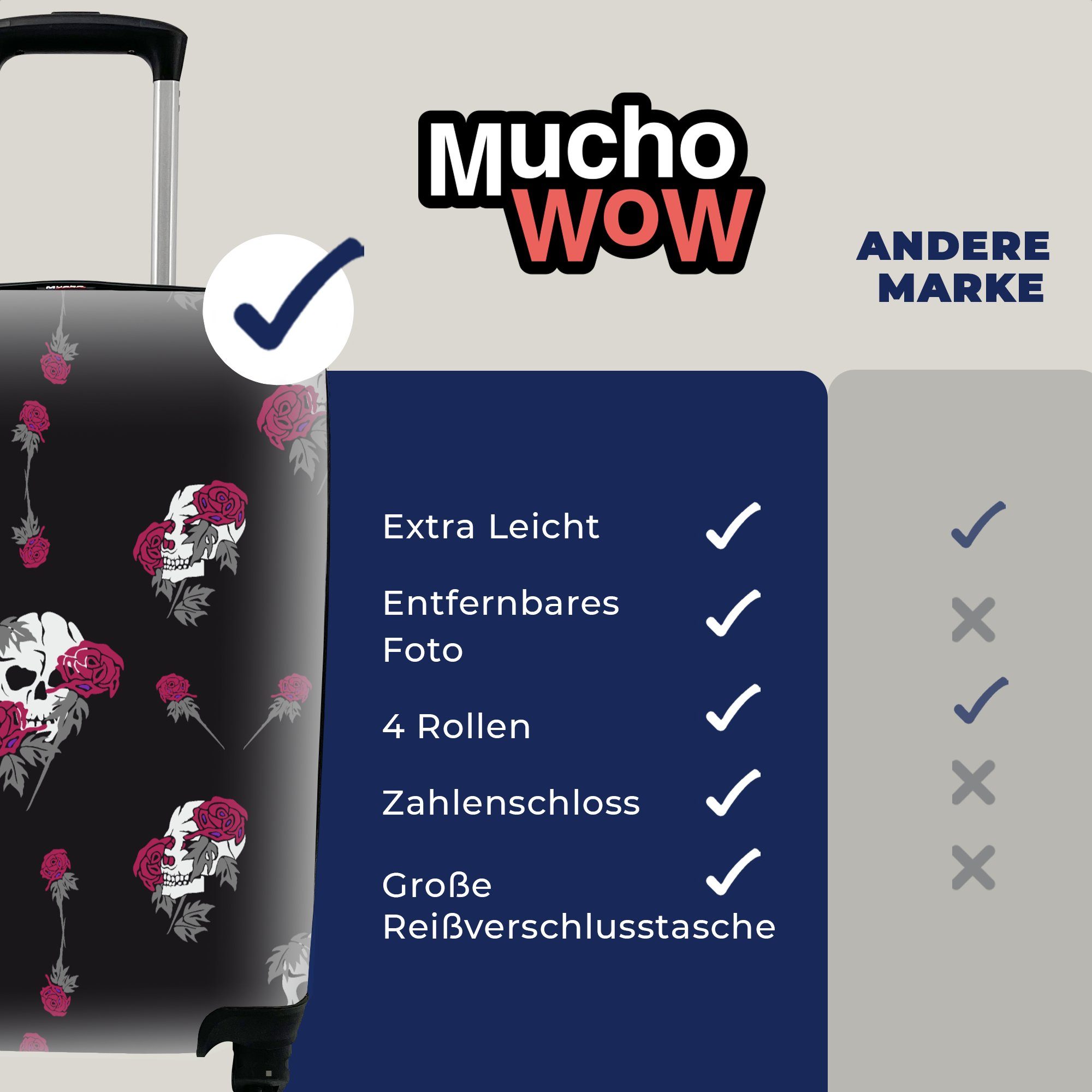 rollen, MuchoWow - - 4 Ferien, mit Handgepäck Kinder Handgepäckkoffer - Mädchen - Muster für Kinder - Rosen Trolley, - Rollen, -, Mädchen Reisekoffer Reisetasche Totenkopf