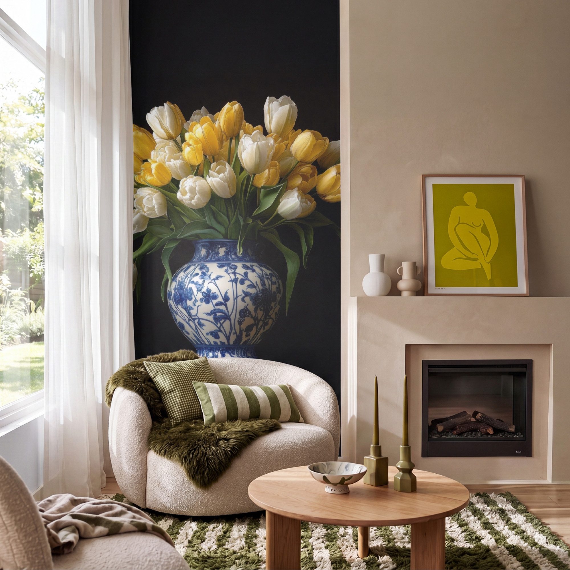 OnlyWow Fototapete Gelb - Tulpen - Vase - Blumen, Matt, bedruckt, Wandtapete, Schlafzimmer, Wanddekoration 100x220cm