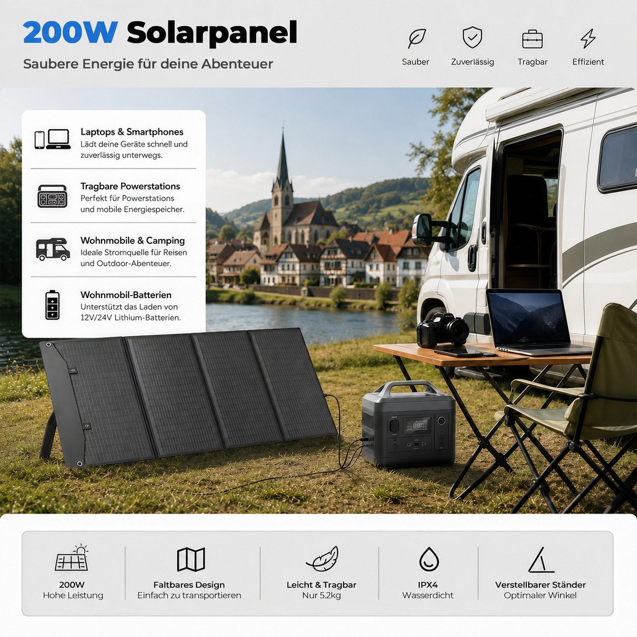 GLIESE Solarmodul 200W 18V – faltbar, 5,2 kg, 4-in-1 Kabel, für Camping & Powerstation, Kompatibel mit 12V/24V Kraftwerken, Kühlboxen, Laptops,kleines Faltmaß
