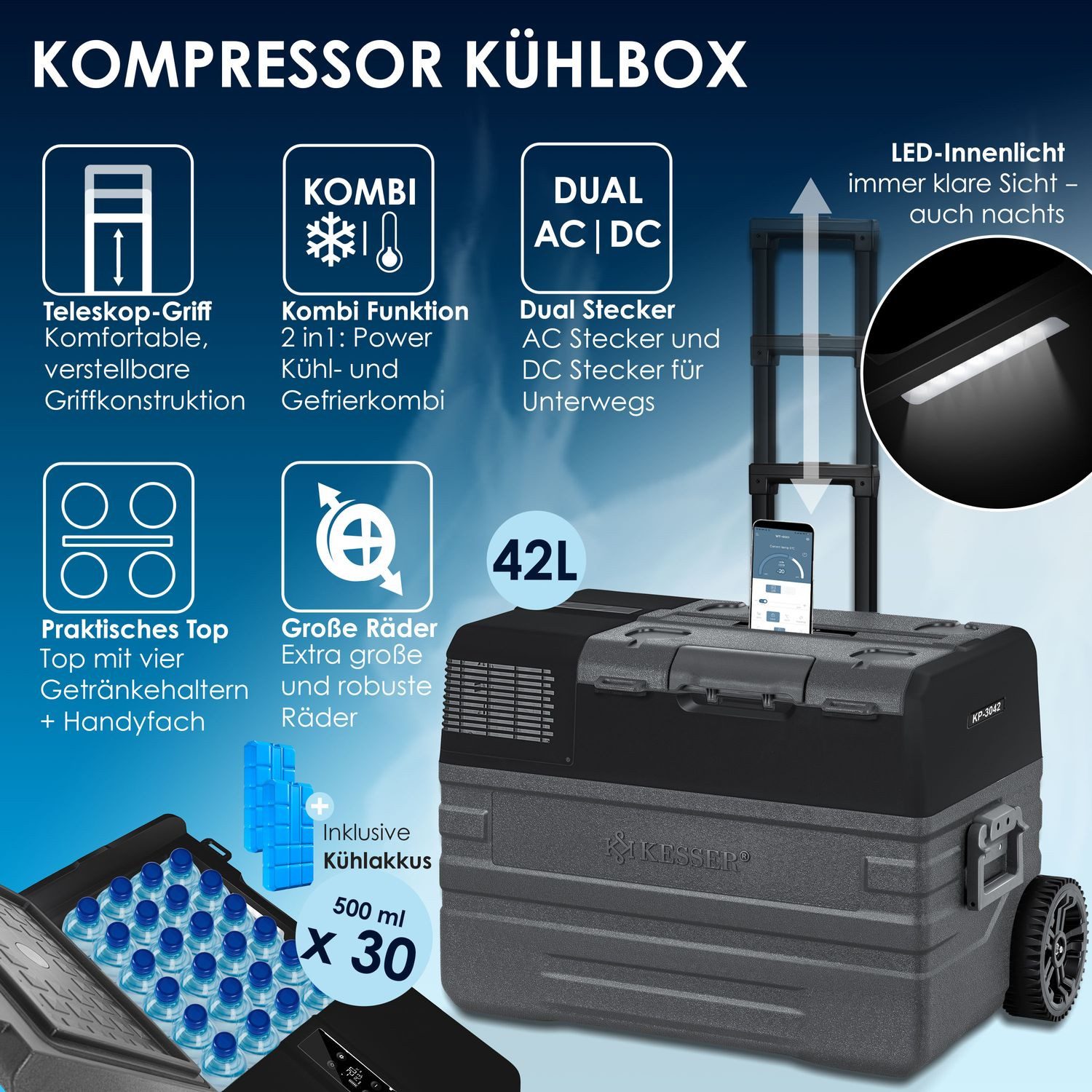 KESSER Kühlbox Kompressor Kühlbox elektrisch Gefrierbox APP-Steuerung USB-Anschluss, 42 l, 12/24 V 230V, +Teleskopstange, 2x Kühlbox Räder Kühlschrank -20 °C
