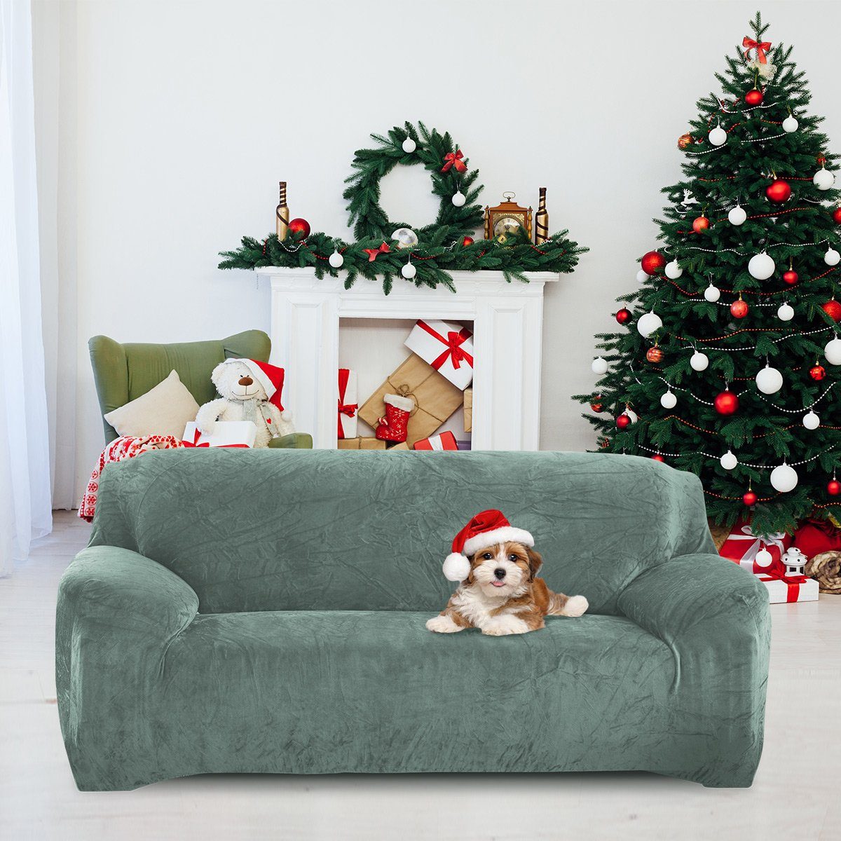 Sofahusse Stretch Samt Sofabezug Modern Sofaüberwurf Elastische Couchbezug, MULISOFT, Sofahusse mit Armlehne für Wohnzimmer, Protector für Hunde Haustiere Hellgrün