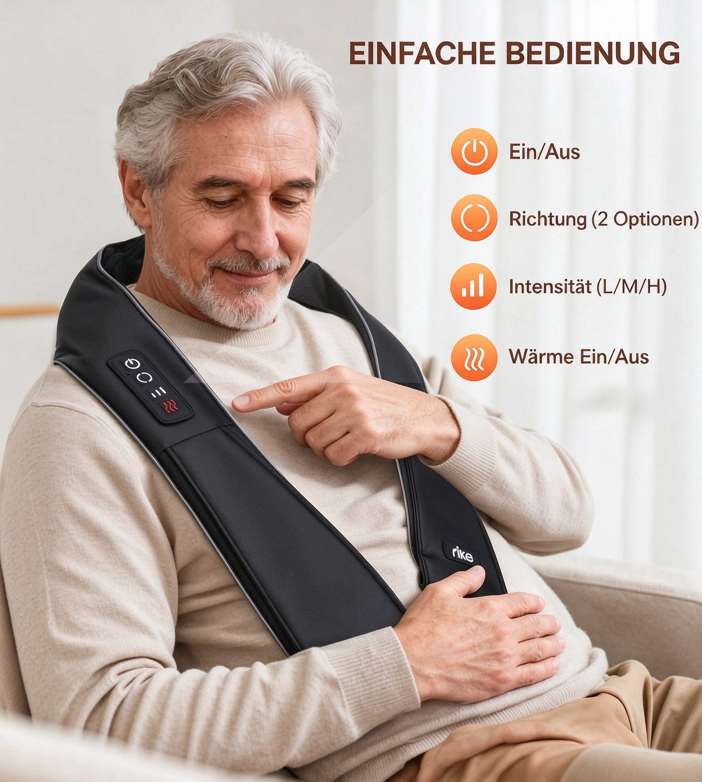 RIKE Shiatsu-Massagegerät Nackenmassagegerät mit Wärme, 3D Neck Massager Shiatsu Massagegerät, Shiatsu Nacken- und Schultermassagegerät, 8 Massageköpfe, bidirek – Bild 5 von 5