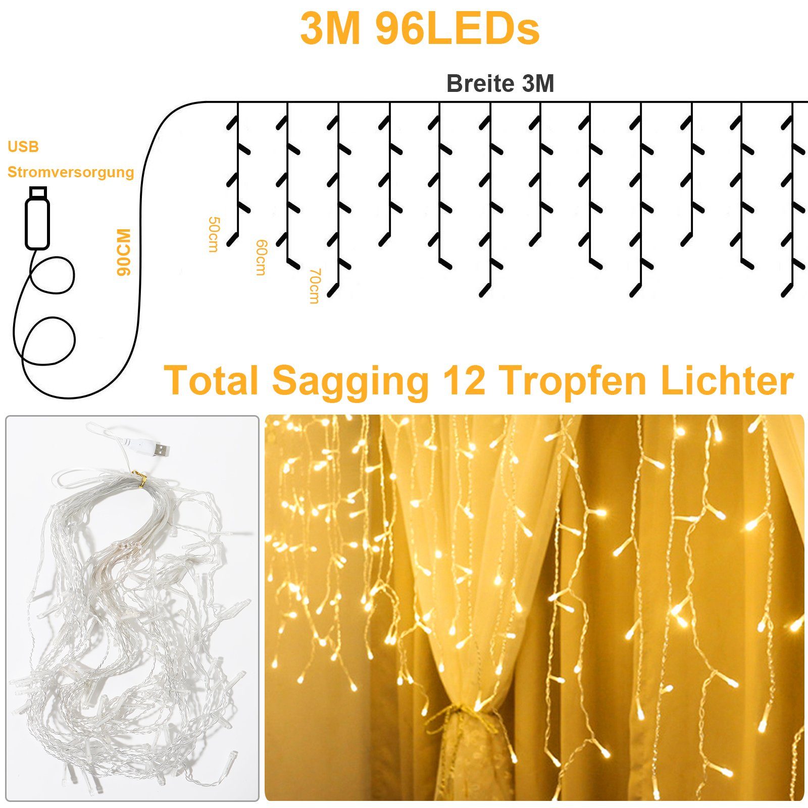 Rosnek LED-Lichtervorhang 3M, 96LEDs,12 Stränge, Wasserdicht, günstig online kaufen