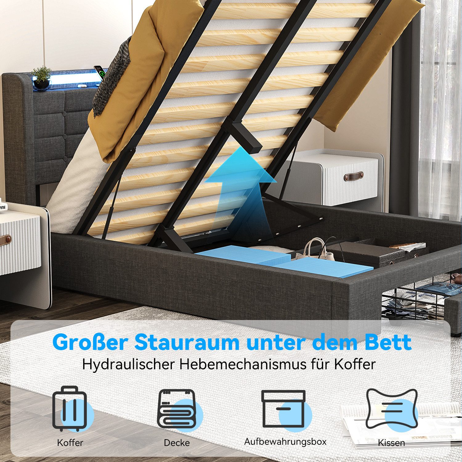 oyajia Polsterbett Stauraumbett Doppelbett mit LED Beleuchtung mit Ladefunktion (Type-C + USB, Hydraulisch hebbarer Stauraum), Funktionsbett Stauraumbetten Juge – Bild 4 von 5