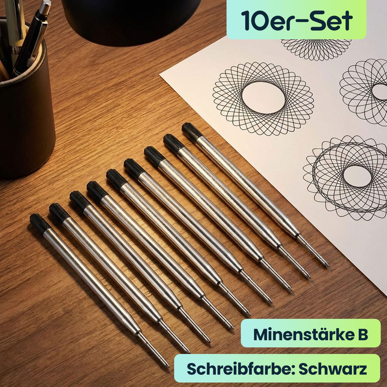 shop'n smile ideoon Kugelschreibermine Kugelschreiber-Minen Schwarz (Stärke B) – Universelle Ersatzminen, Sauberes Schriftbild ohne Klecksen oder Aussetzer