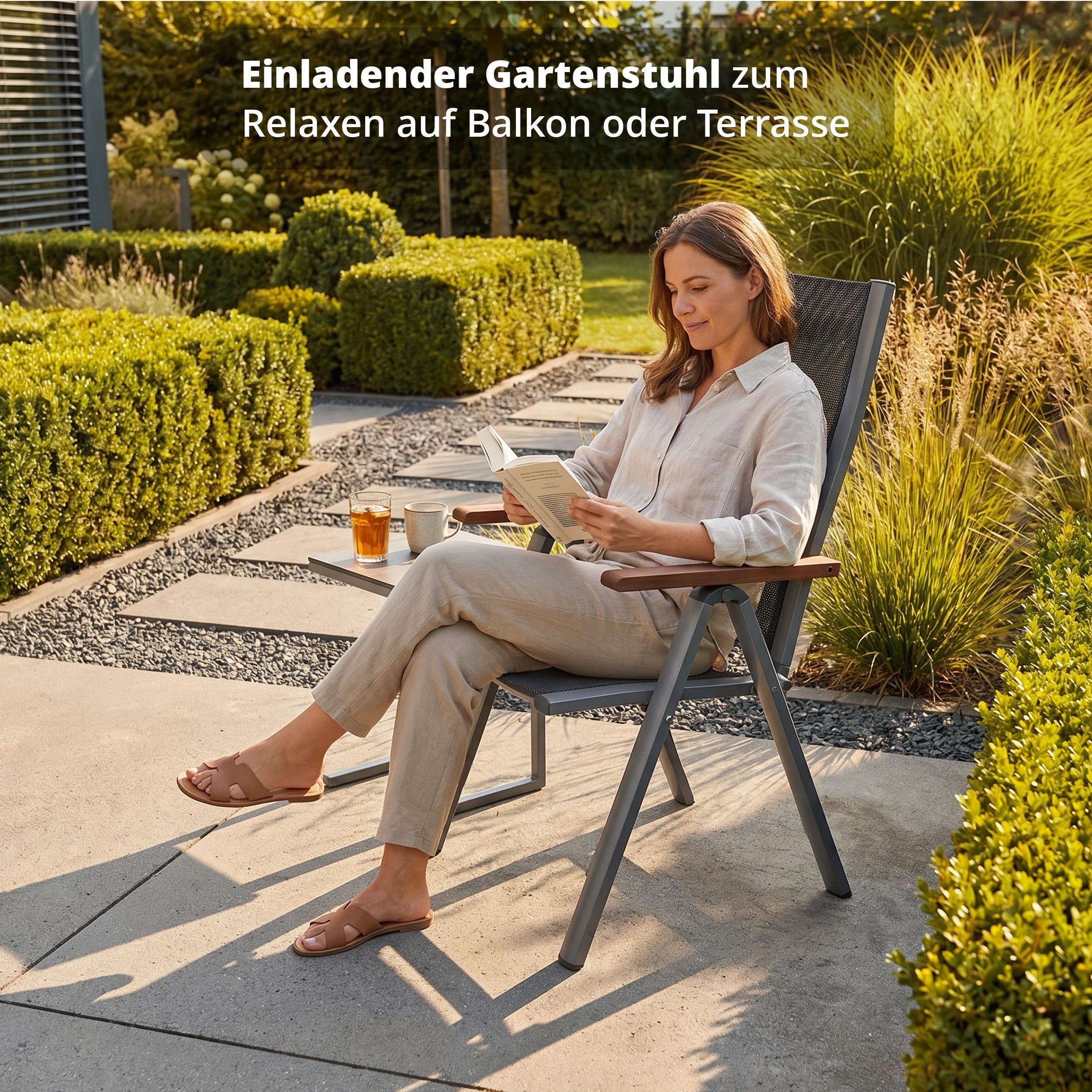 KHG Gartenstuhl Gartenstuhl mit Armlehnen Anthrazit klappbar, bis 120 kg belastbar (Outdoor Klappstuhl mit verstellbarer Rückenlehne), Aluminiumgestell mit Text – Bild 2 von 5