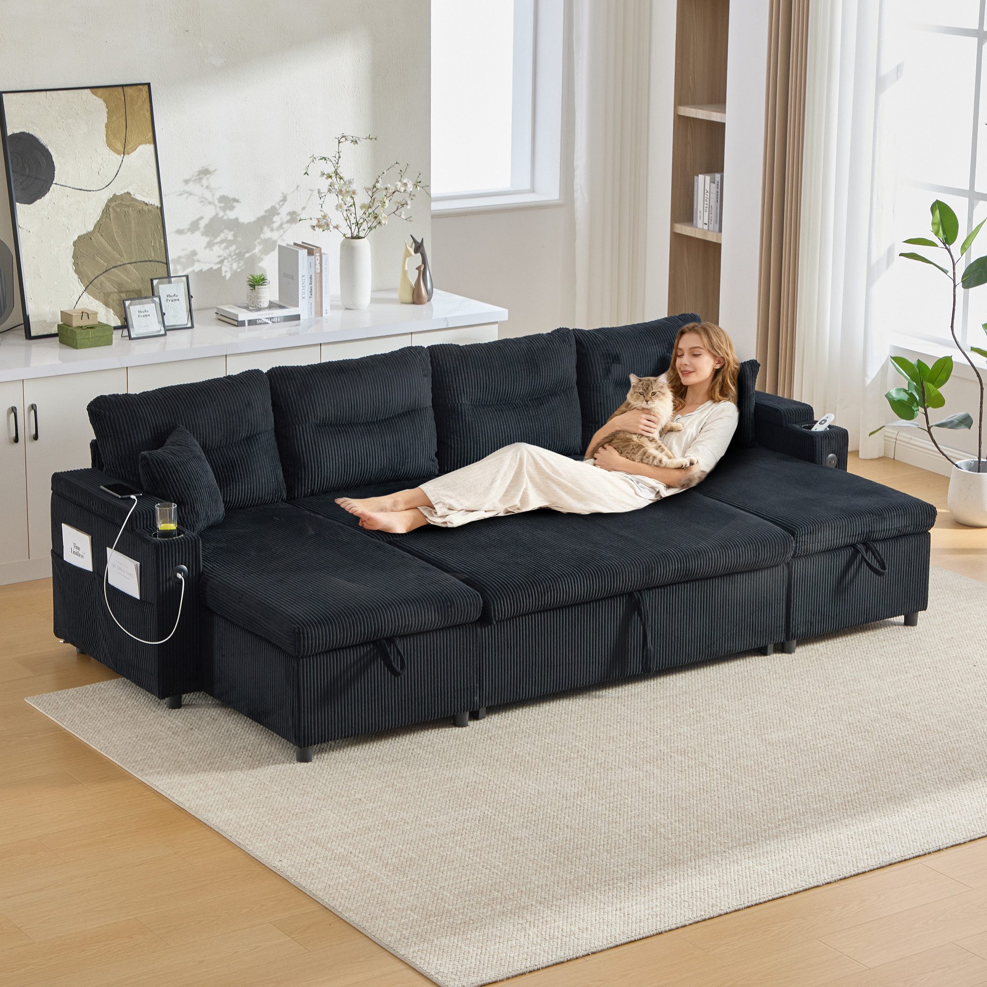 Odikalo Sofa Schlafsofa mit Schlaffunktion und Stauraum, U Form, Moderner 4-Sitzer Samtsofa mit beidseitigen Chaiselongues, integriertem Stauraum, Getränkehaltern, USB-Anschlüssen und ausziehbarer Schlaffunktion – stilvoll für jedes Wohnzimmer