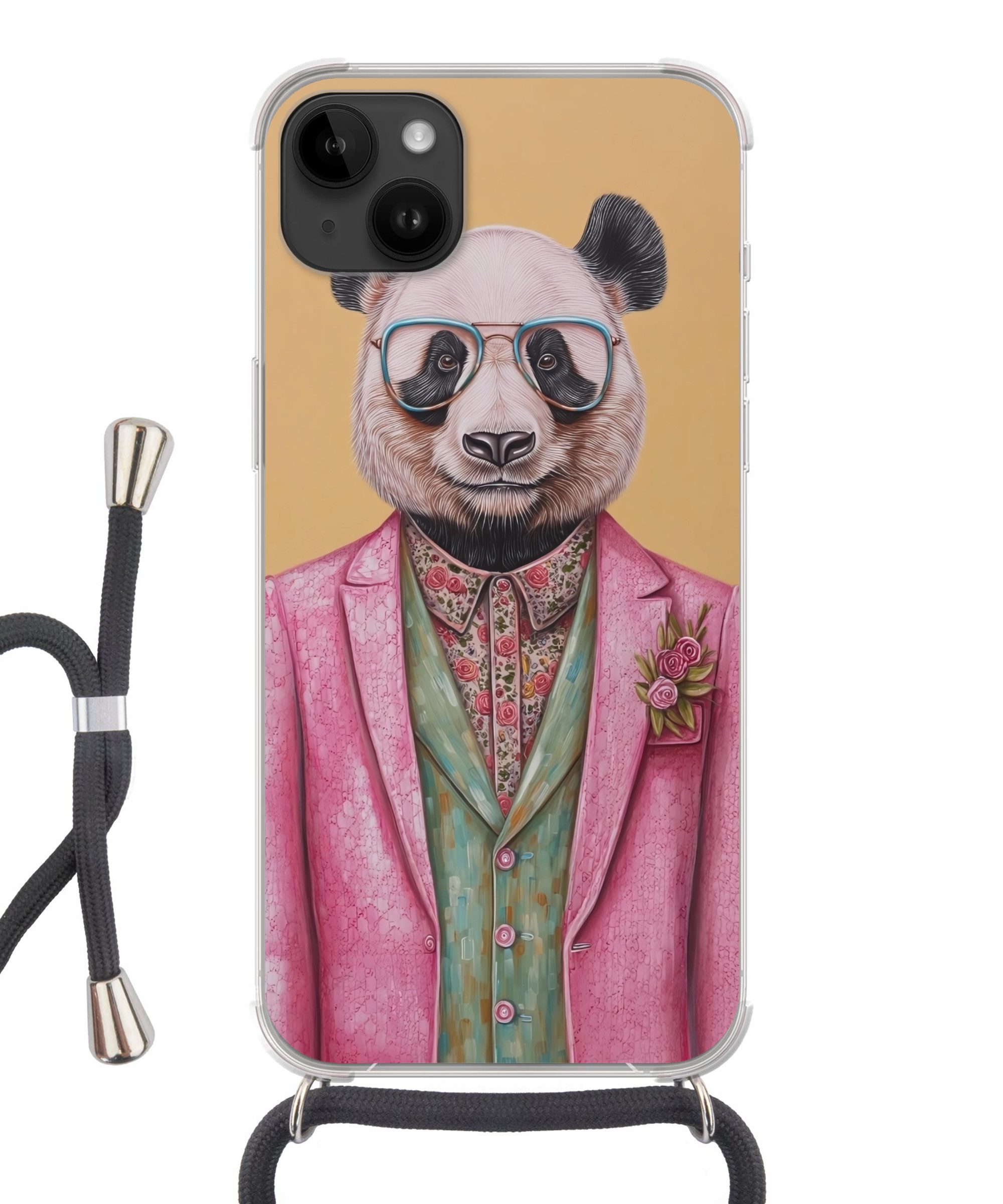 MuchoWow Handyhülle für Apple iPhone 14 Max Panda - Anzug - Sonnenbrille - Blau, Tragbare Handyhüllen mit Kette zum umhängen, Handykette Handyband