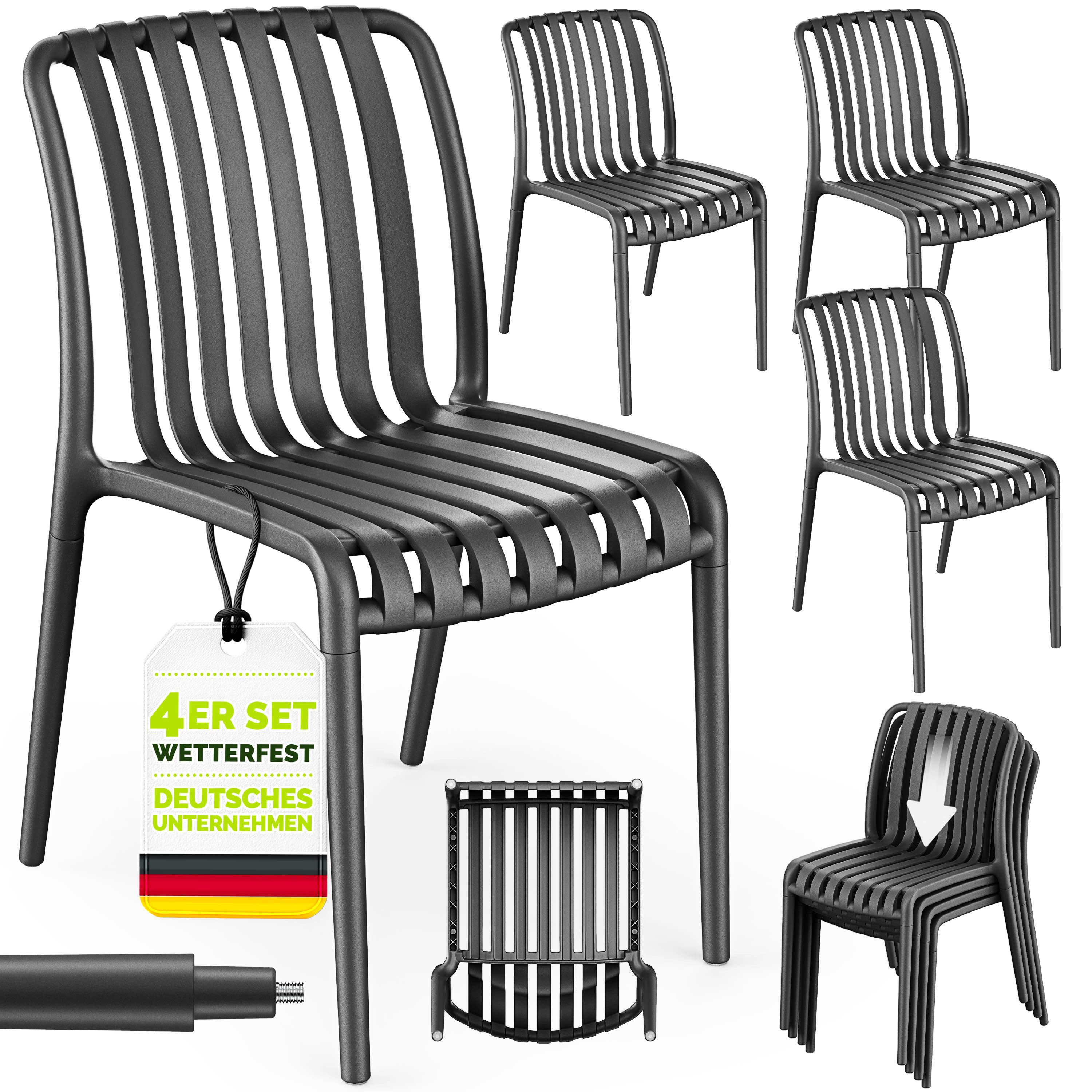 tillvex Gartenstuhl Gartenstühle Set Stapelbar Wetterfest Kunststoff mit/ohne Armlehne (Outdoor Stühle bis 120kg Terrassenstuhl Gartenmöbel Balkon Garten Terrasse, 4 St), 120kg