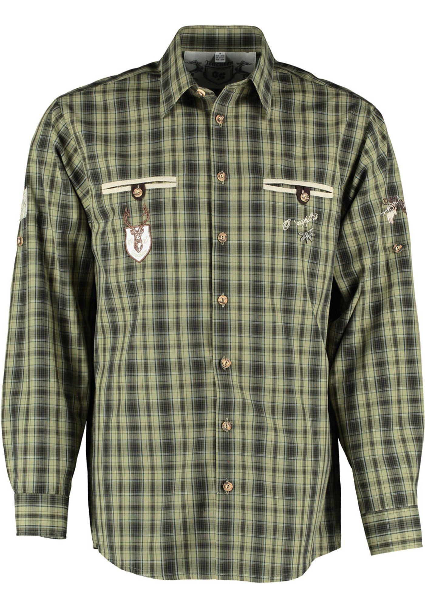 OS-Trachten Trachtenhemd Otazon Langarmhemd mit verschiedenen Stickereien und Zierteilen oliv