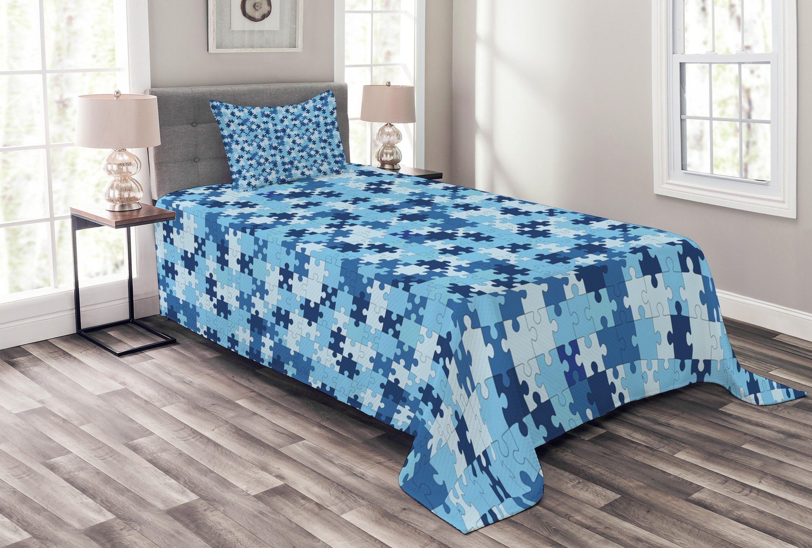 Monotone Tagesdecke Stil Puzzle-Muster Blau Kissenbezügen Set mit Abakuhaus, Waschbar,