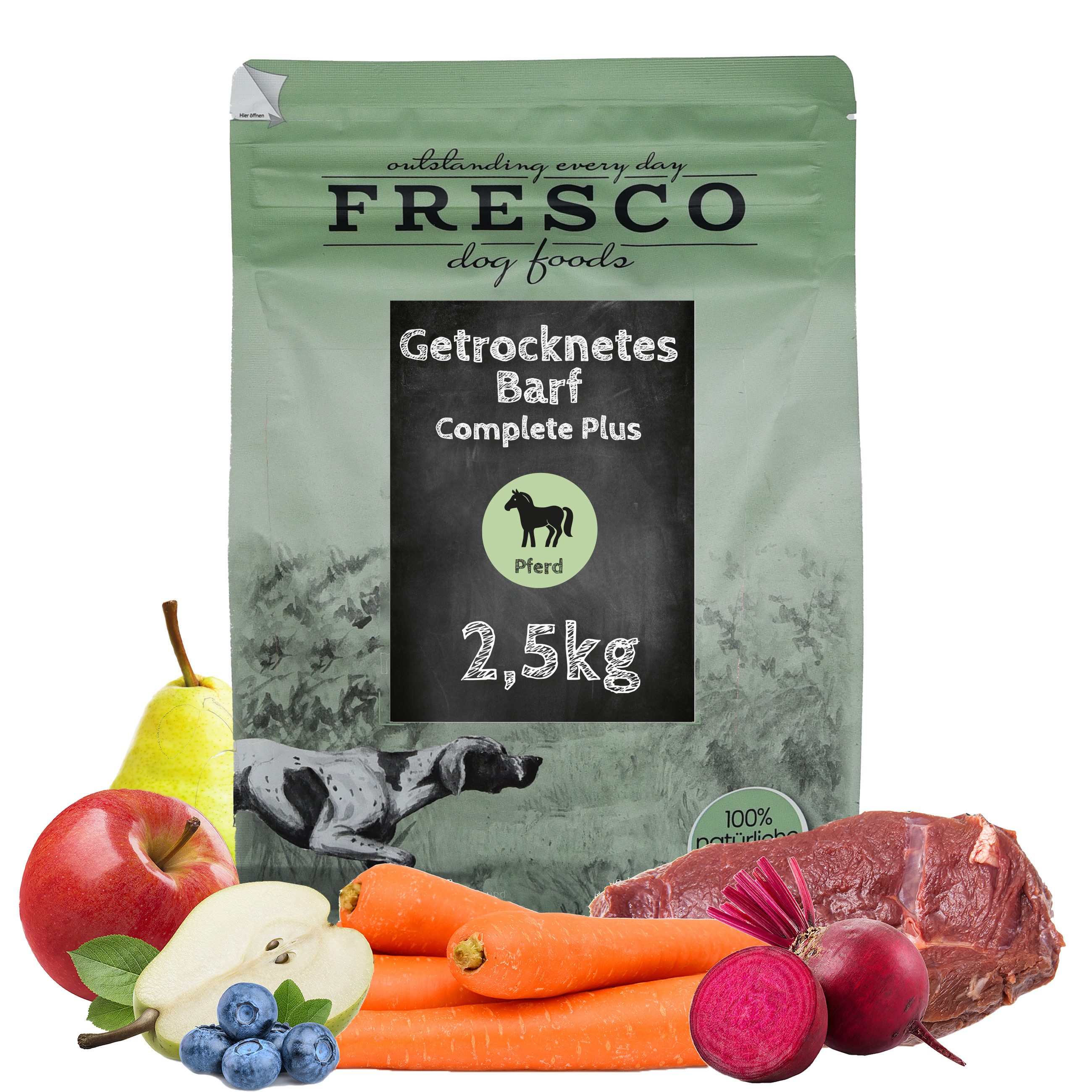 Fresco Dog TrockenBarf Hundefutter Trocken Pferd, 1kg / 2,5kg / 5kg, Trockenfutter für: Hunde, Hypoallergen, getreidefrei, 80% Frischfleisch