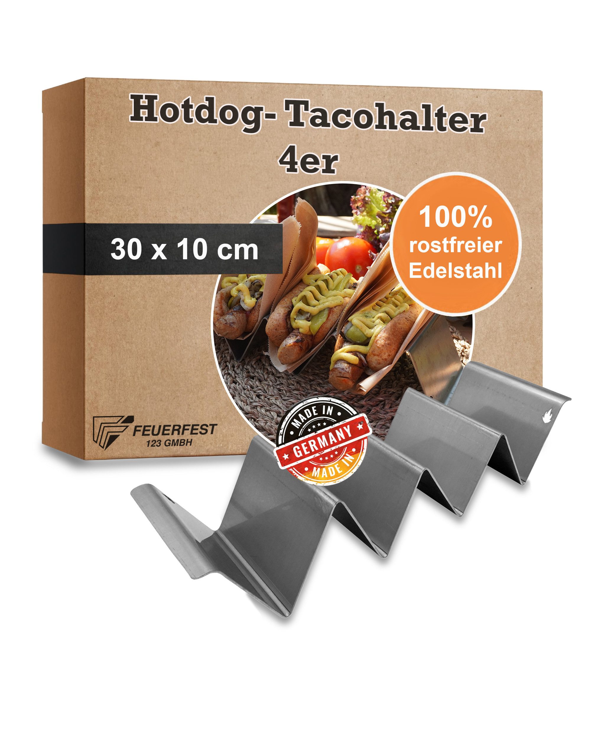 Feuerfest 123 GmbH Hotdog-Maker Hotdog- / Taco Halter 4er Edelstahl, Grillzubehör, perfekt für Hotdogs & Co