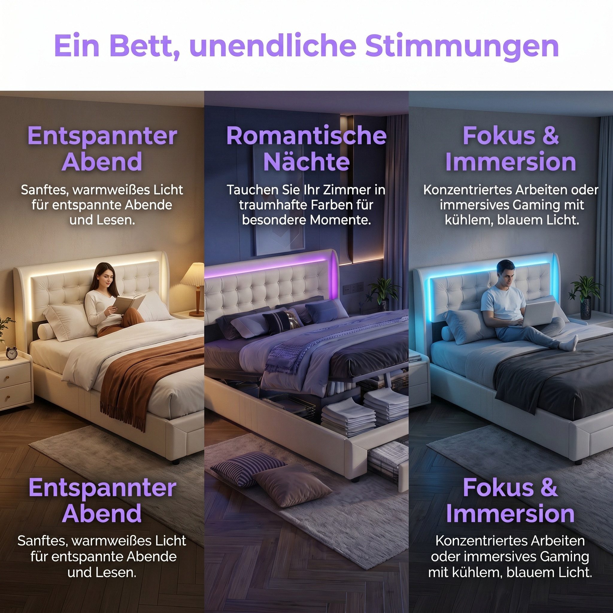 PXloue Polsterbett LED Doppelbett, Bettkasten, Schubladen, Samt, 180x200 cm
