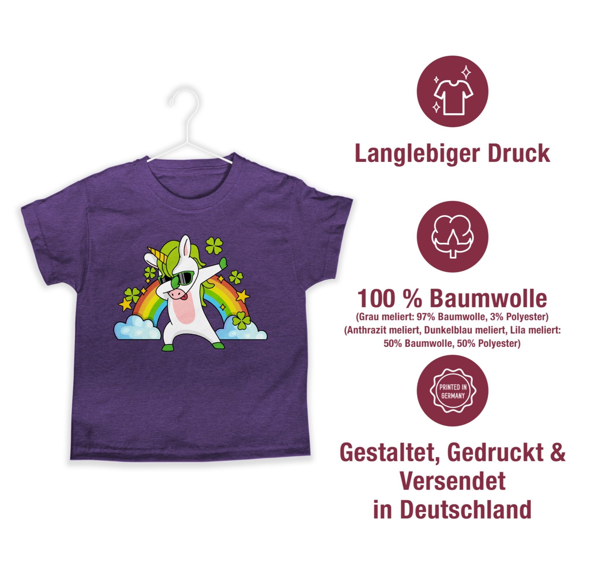 Shirtracer T-Shirt Kinder Anlässe Regenbogen Dabbendes Kleeblatt Einhorn Meliert 3 Lila