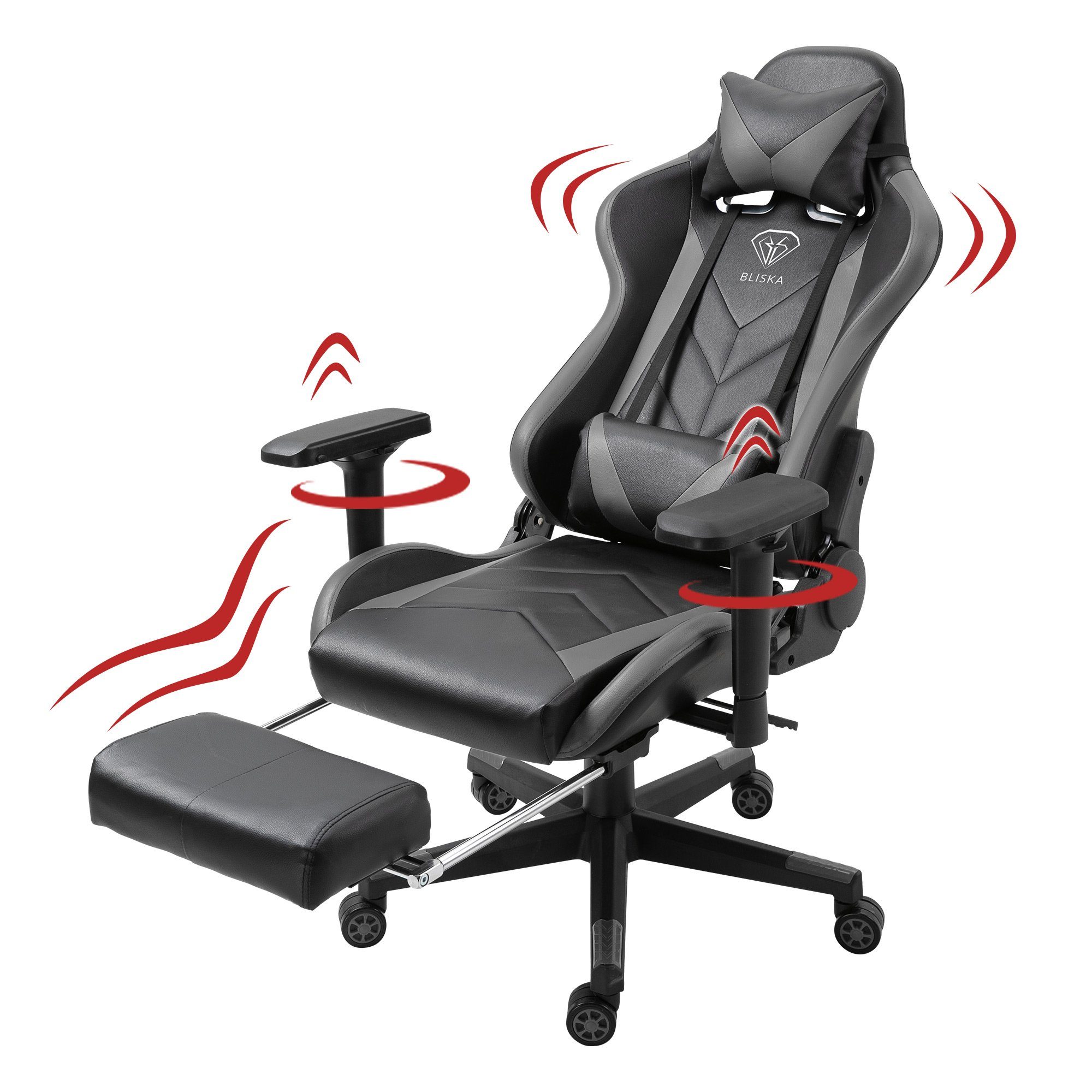 TRISENS Chefsessel Leo (1 Stück), mit Fußstütze gaming Lederoptik chair Gaming und 4D-Armlehnen Schwarz/Grau in Stuhl