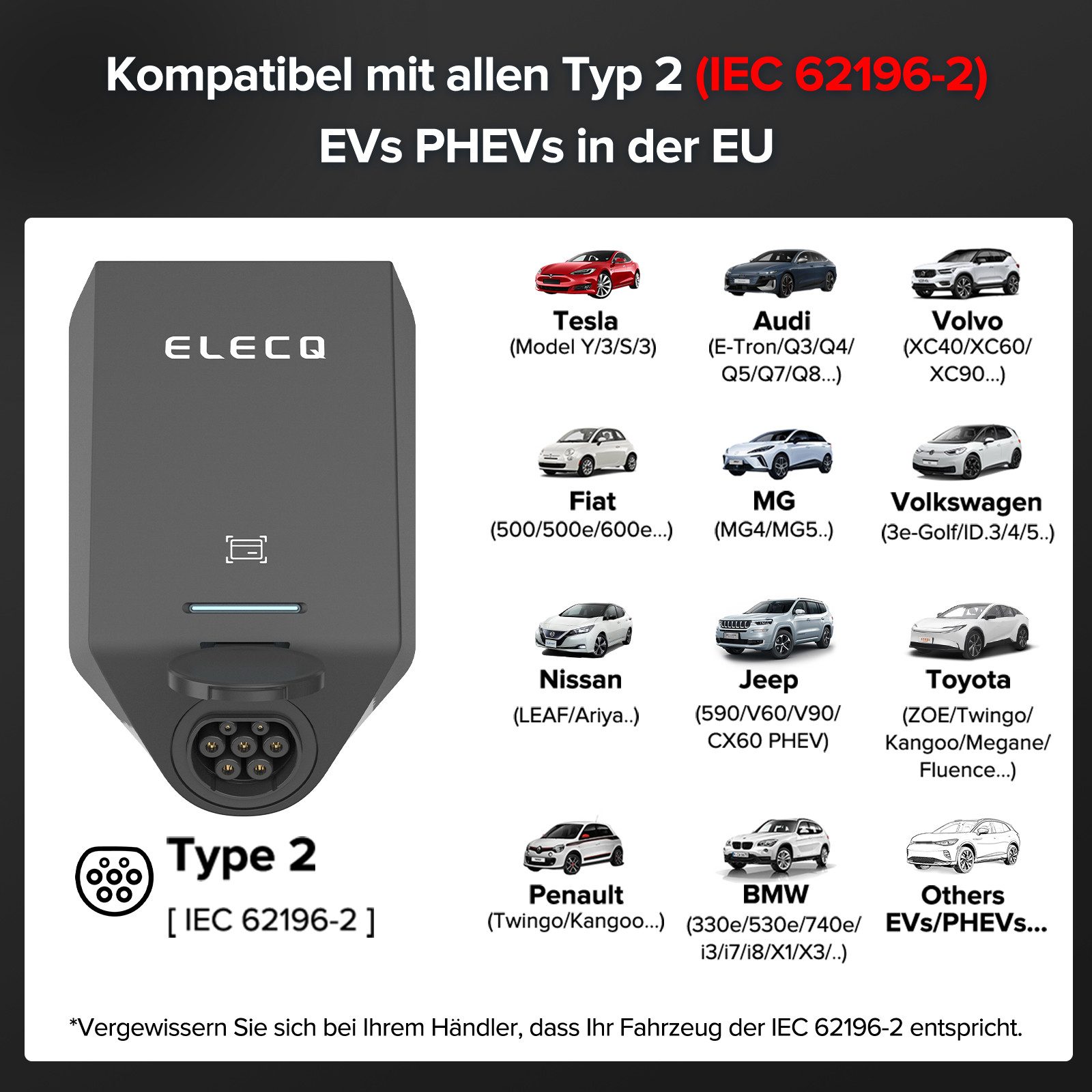 Thumbnail - ELECQ Elektroauto-Ladestation H1, Wallbox, stationär 22kW / 32A, 3-phasig, App Steuerung, Einfache Installation, mit RFI...