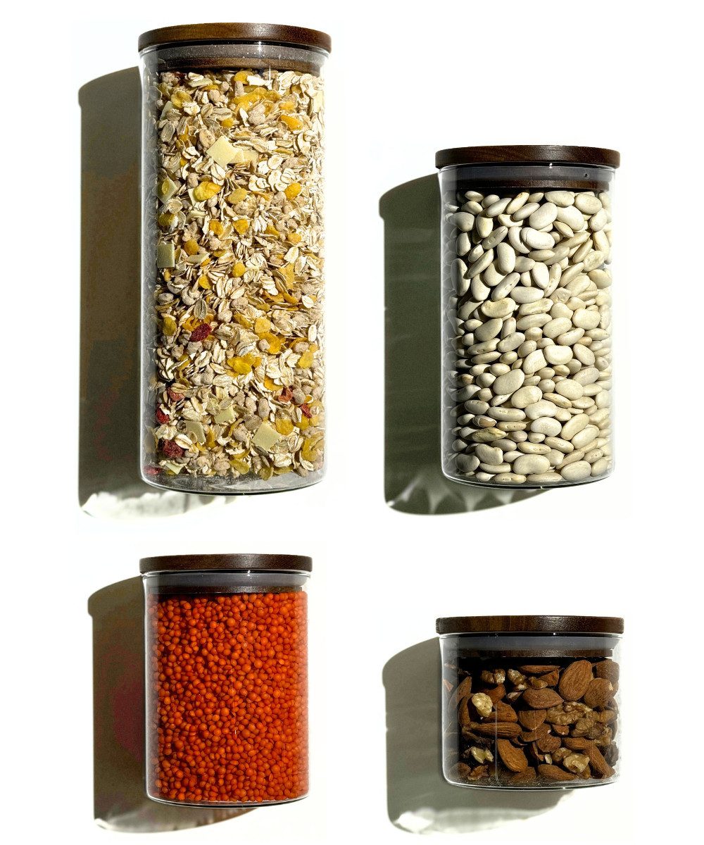 Zoha Vorratsglas Luftdichte Glasbehälter mit Akazienholz-Deckel & stapelbarem Glas, Borosilikatglas, (Komplett Set, 2-tlg., Verschiedene Größen), Behälter aus Glas - Borosilikatglas