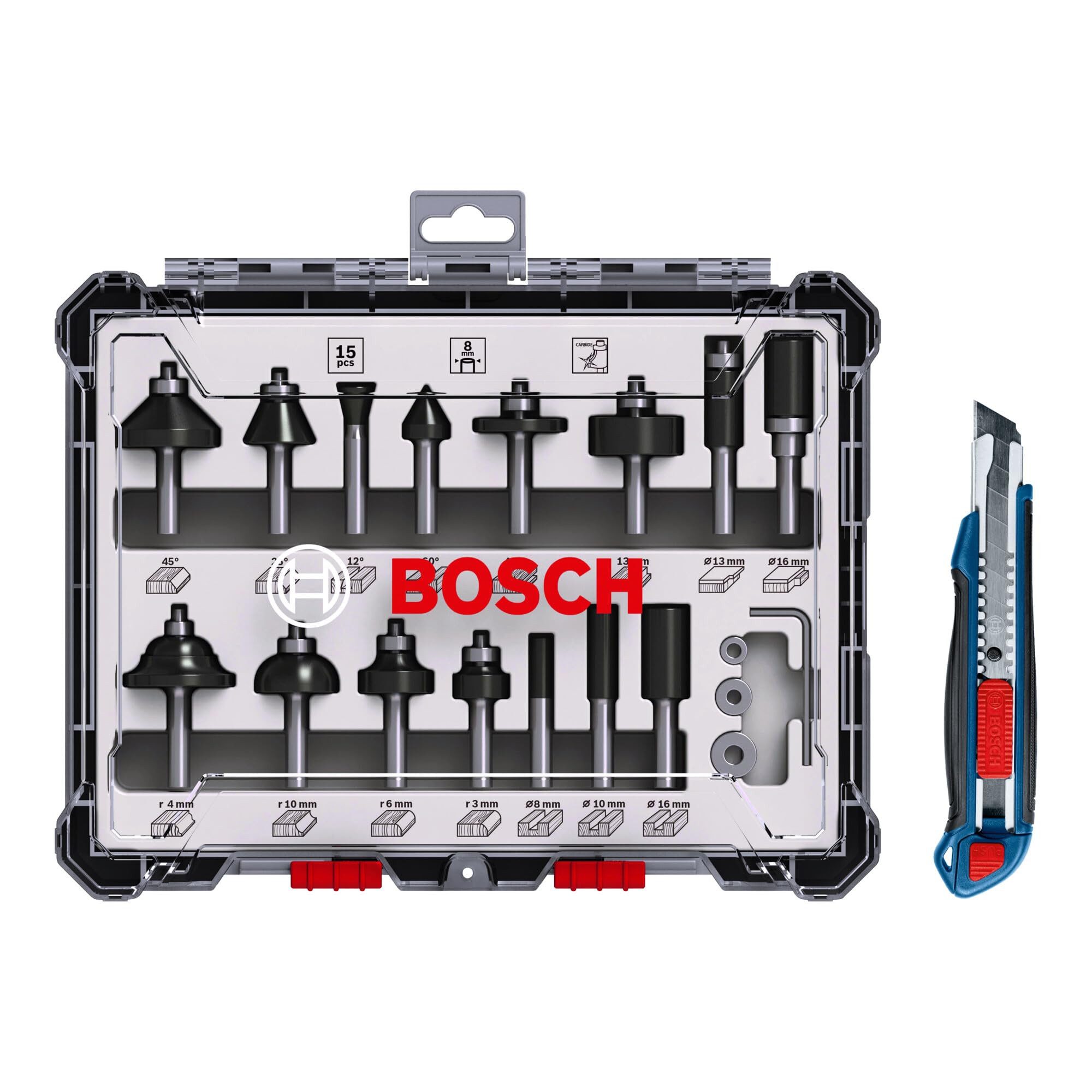 Bosch Professional Frässtift Bosch Fräser-Set, 15-teilig, inklusive gratis Cuttermesser – Bild 5 von 5