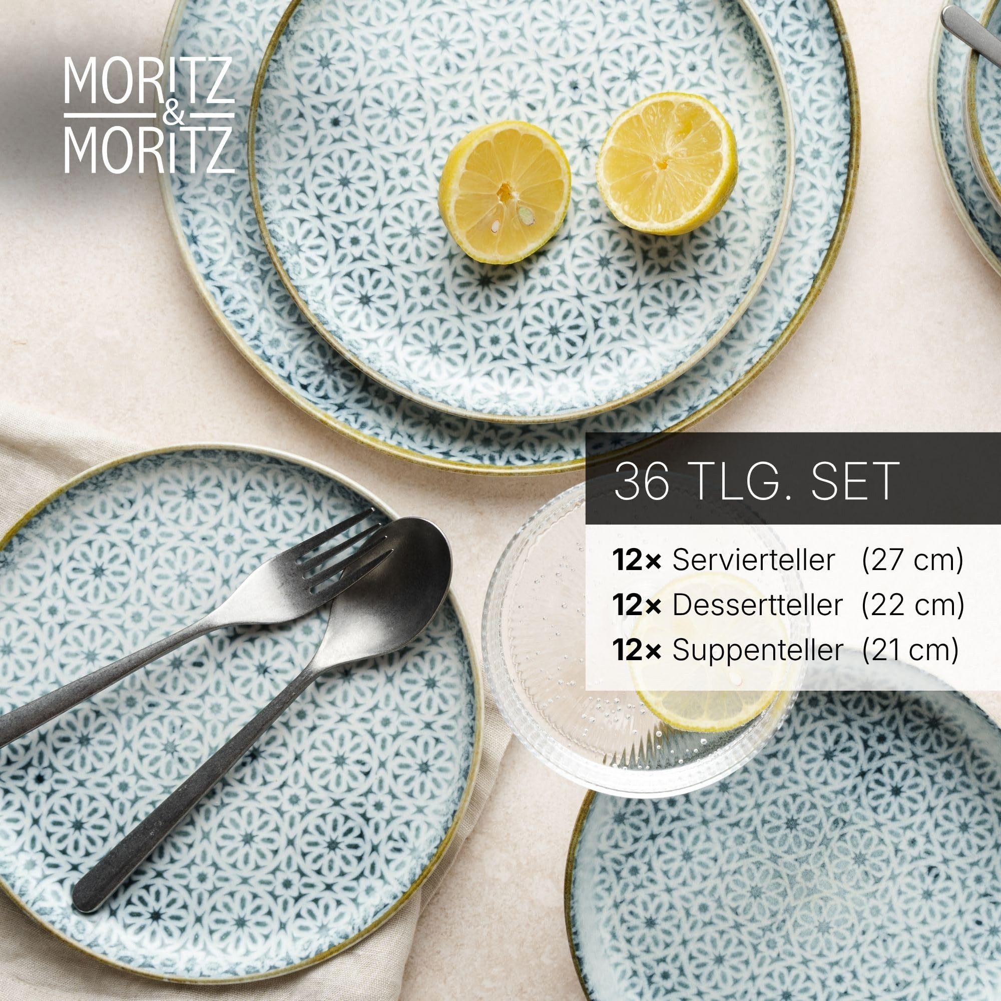 Moritz & Moritz Kombiservice ALHAMBRA Geschirrset Blau (36-tlg), 12 Personen, Porzellan, Spülmaschinengeeignet & Mikrowellensicher – Bild 2 von 5