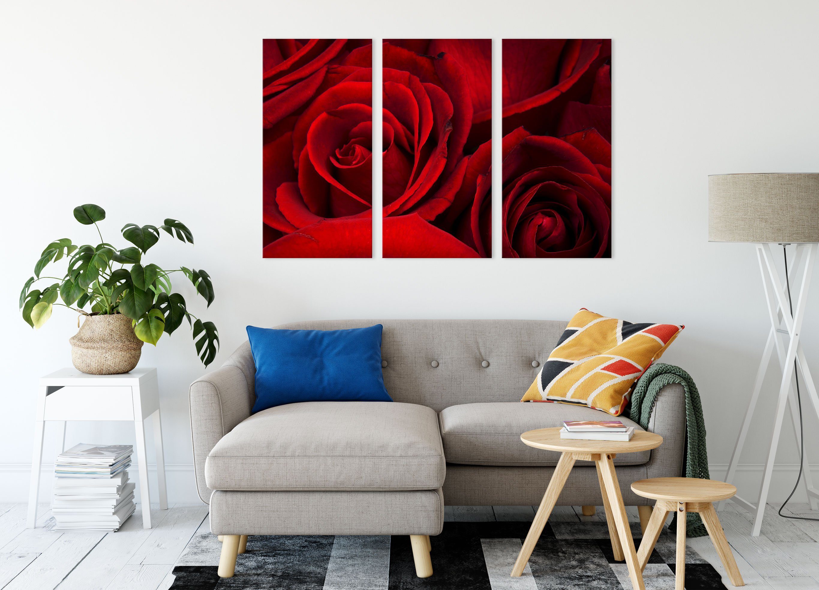 Pixxprint Leinwandbild rote Rosen, Zackenaufhänger inkl. (1 (120x80cm) rote 3Teiler St), bespannt, Rosen fertig Leinwandbild