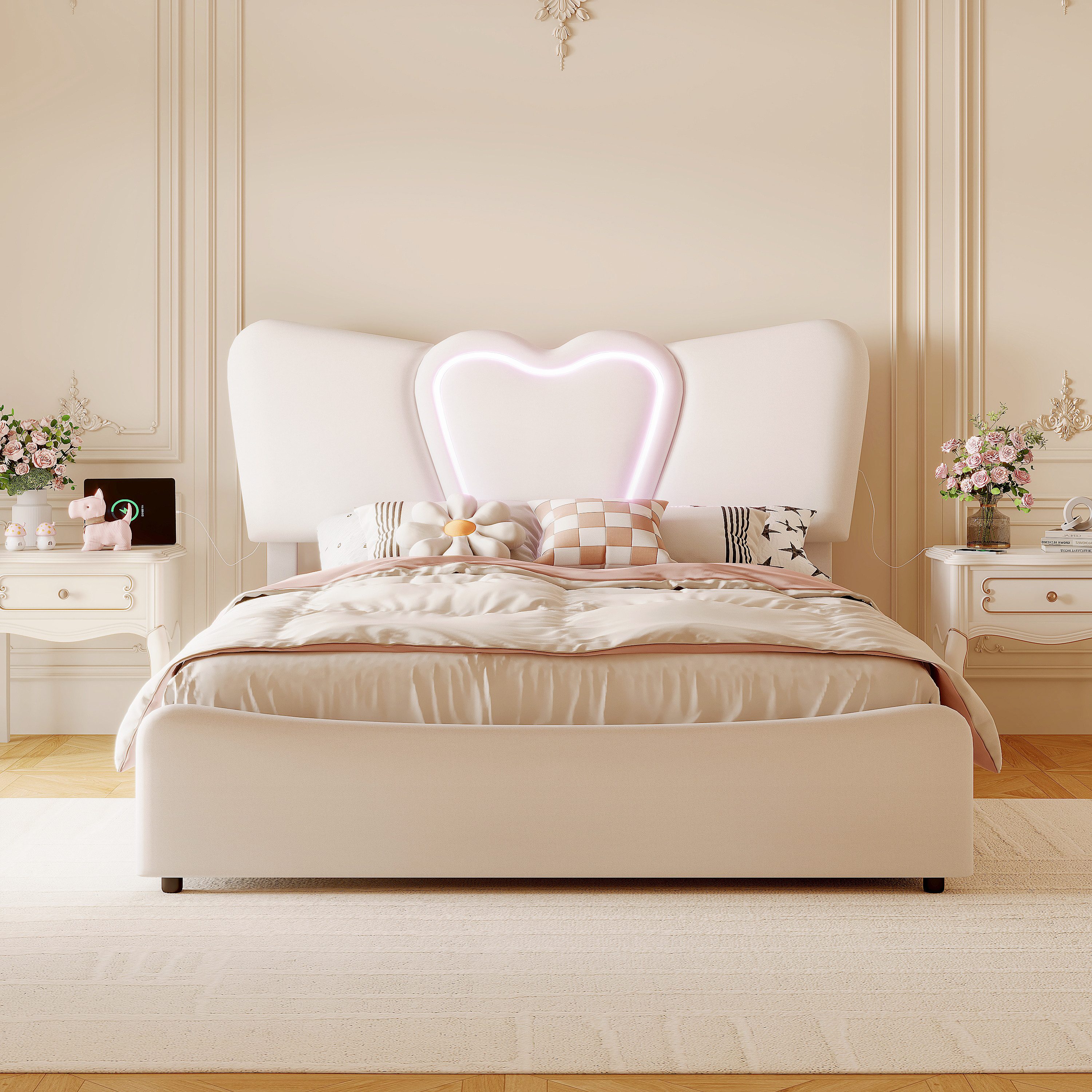 PXloue Polsterbett LED hydraulisches Doppelbett Kinderbett (Inklusive USB-T günstig online kaufen