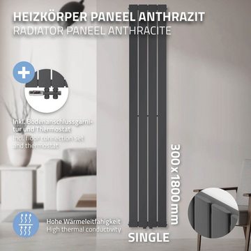 LuxeBath Heizkörper Paneelheizkörper Badheizkörper Designheizkörper Flachheizkörper, Einlagig 1800x300mm Anthrazit Mittelanschluss Thermostat