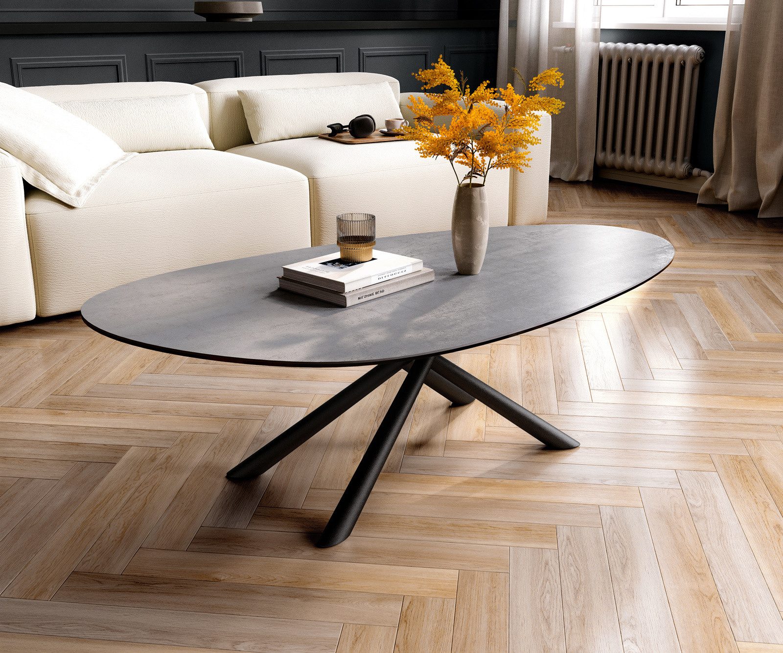 DELIFE Couchtisch Edge, Oval 140x75 cm Keramik Beton Grau Sarity Metall Schwarz