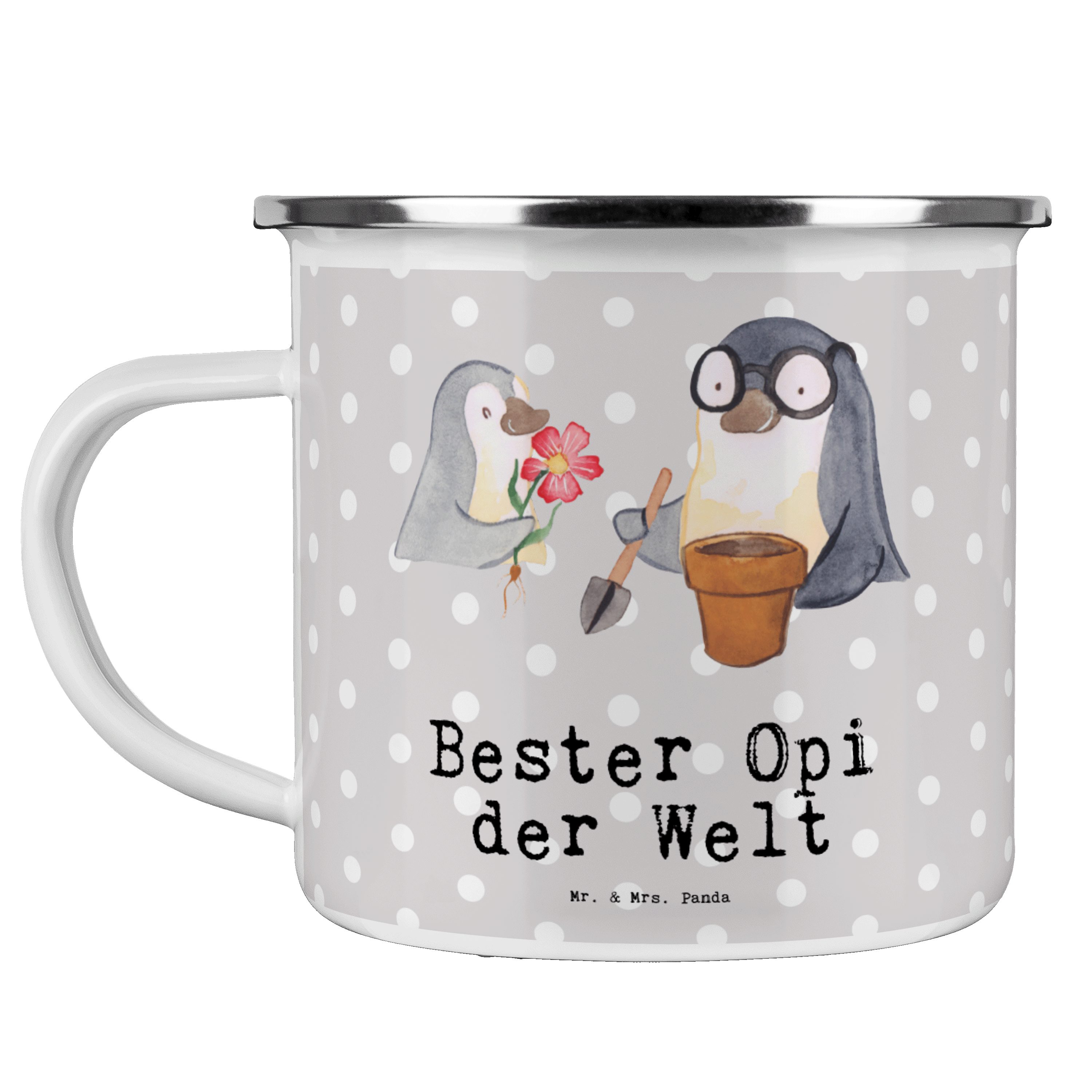 Mr. & Mrs. Panda Becher Pinguin Bester Opi der Welt - Grau Pastell - Geschenk, Campingtasse, Emaille