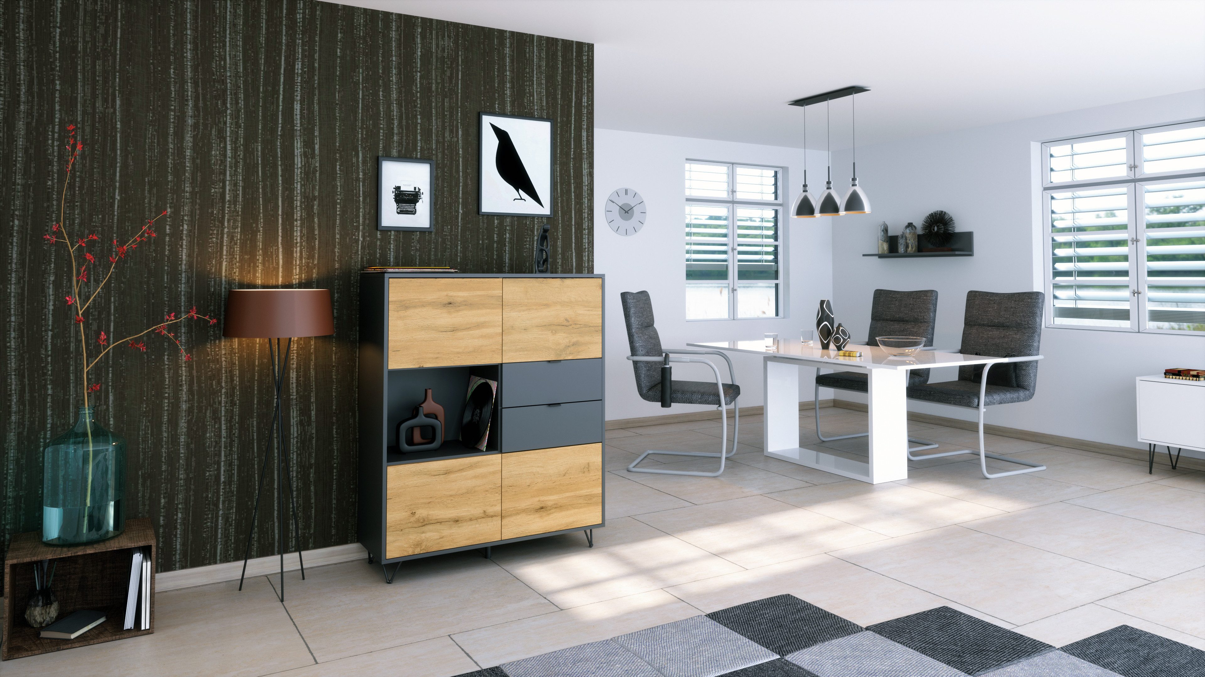 Vladon Highboard Marino V1 (Highboard mit 4 Tür Eiche Evoke, 2 Schubladen Anthrazit matt, Made in Germany), Korpus Anthrazit matt (103 x 125,5 x 37 cm) – Bild 2 von 5