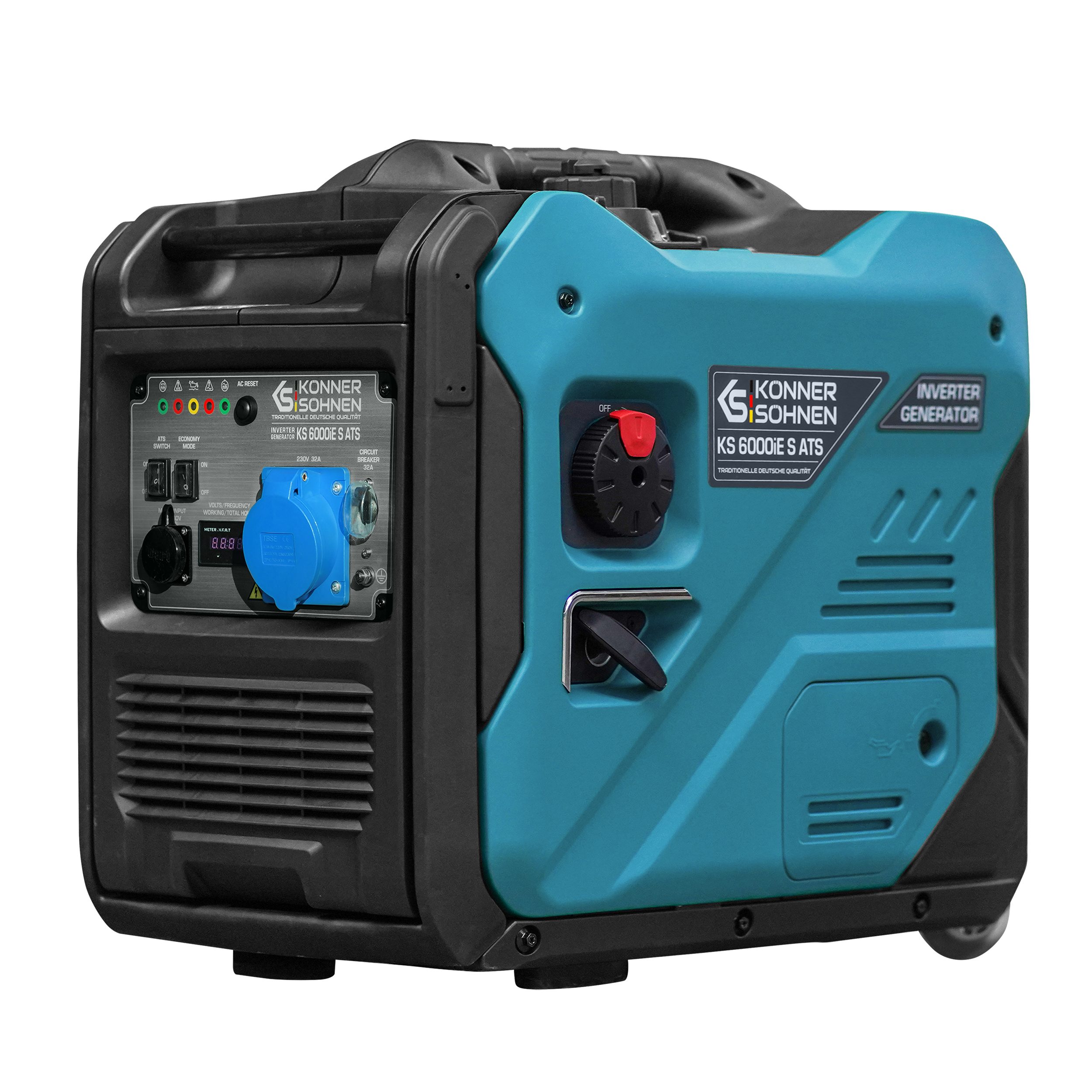 Könner & Söhnen Stromerzeuger KS 6000iE S ATS, 5,50 in kW, (eingebautes ATS-System. Schallgedämmtes Gehäuse (70 dB Lpa 7 m), 1-tlg., 1 x CEE 230V 32A, LED-Anzeige, ECO-Modus), Kupferwicklung, Kurzschluss- und Überlastschutz, EURO V