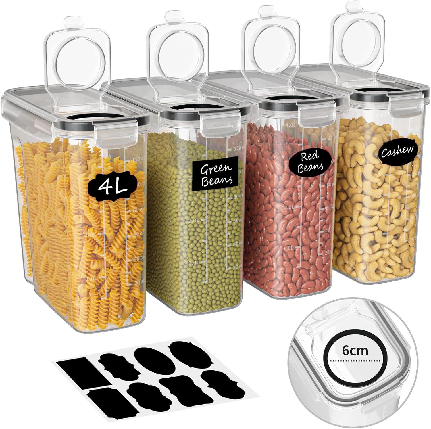 AIMAX Vorratsdose 4L Vorratsdosen mit Deckel luftdicht, Frischhaltedosen, vorratsgläser, Vorratsgläser für Müsli, Reis, Mehl, Futter Haustiere usw - 4 Stück