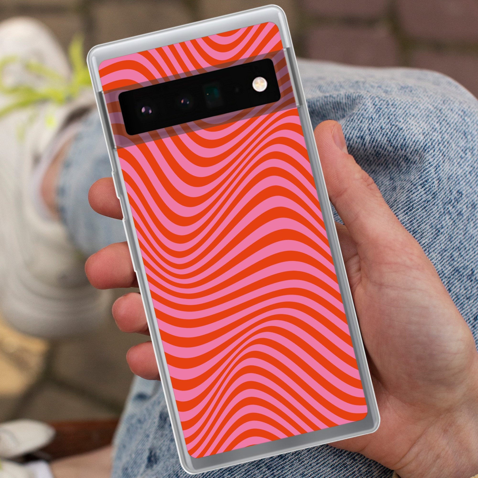 MuchoWow Handyhülle für Google Pixel 6 Pro Wellenförmiges Muster - Rot - Rosa - Linien, Handy Case, Silikon, Bumper Case Dünn