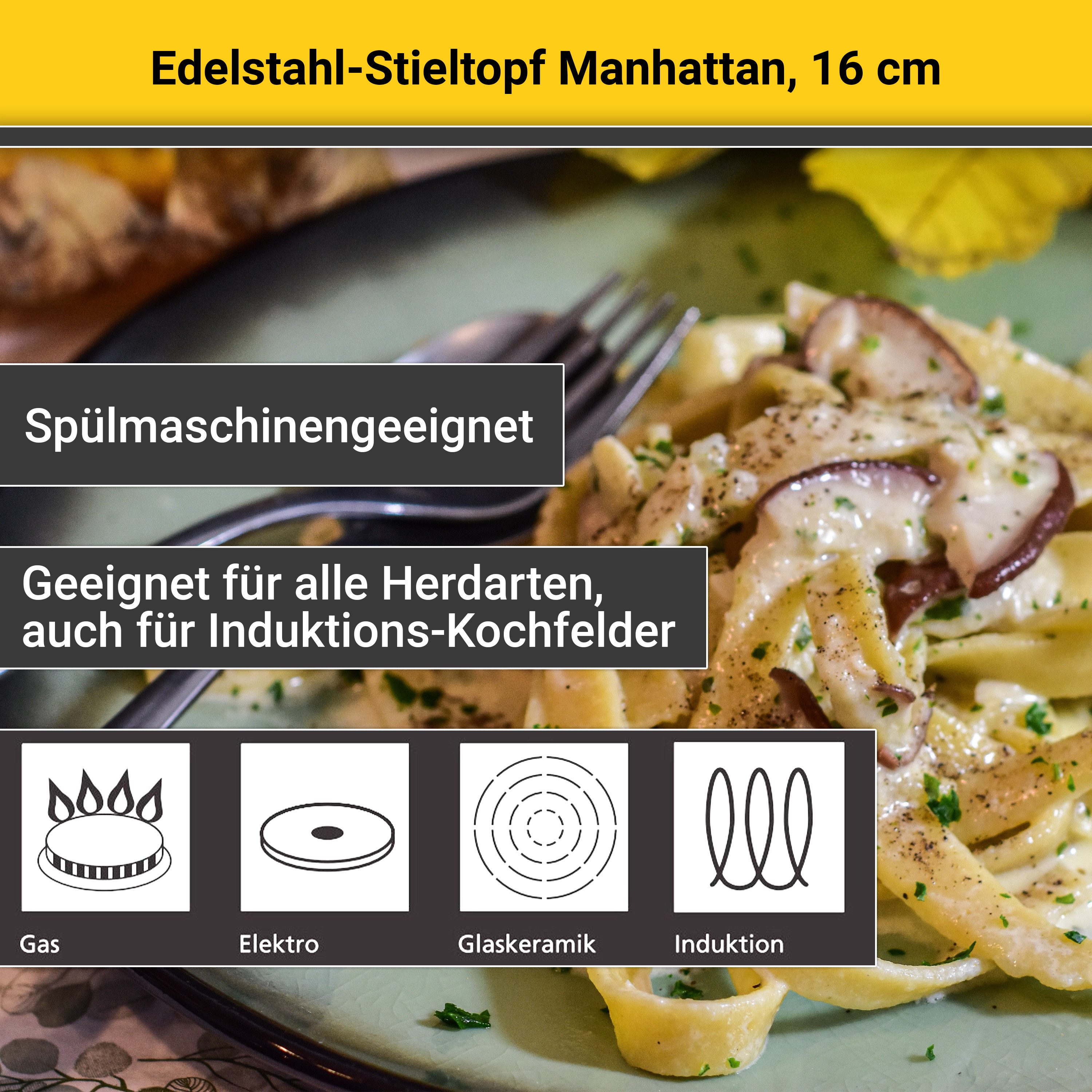 Krüger Kasserolle Edelstahl Stieltopf Manhattan, 16 cm, Edelstahl (1-tlg), für Induktions-Kochfelder geeignet – Bild 4 von 5