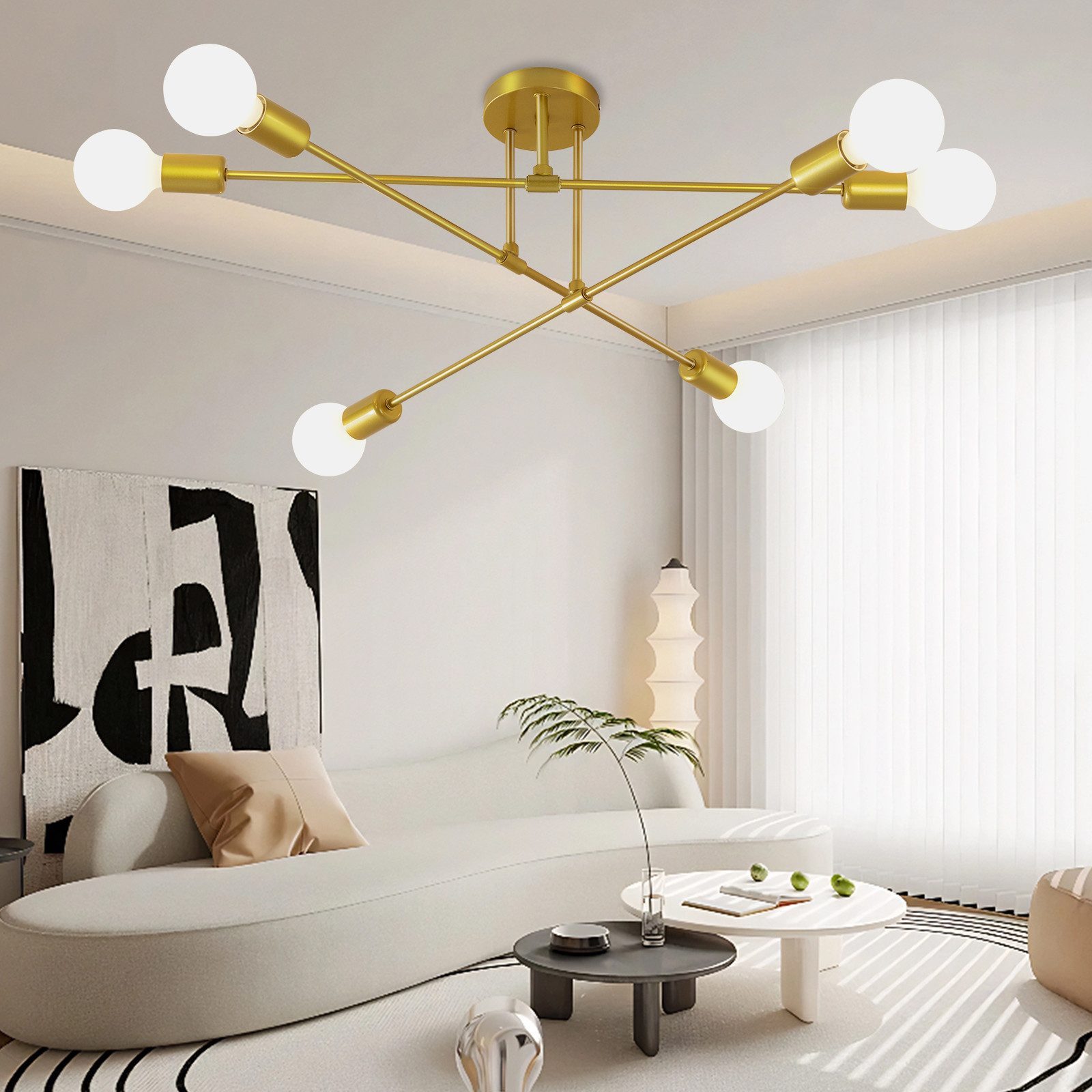 Ophy Kronleuchter Sputnik Kronleuchter, 6‑flammig, Vintage Deckenlampe aus Metall (E27), ohne Leuchtmittel, halbbündige Deckenbeleuchtung, für Esszimmer, Schlafzimmer & Wohnzimmer