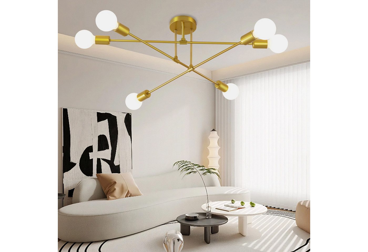 Ophy Kronleuchter Sputnik Kronleuchter, 6‑flammig, Vintage Deckenlampe aus Metall (E27), ohne Leuchtmittel, halbbündige Deckenbeleuchtung, für Esszimmer, Schlafzimmer & Wohnzimmer