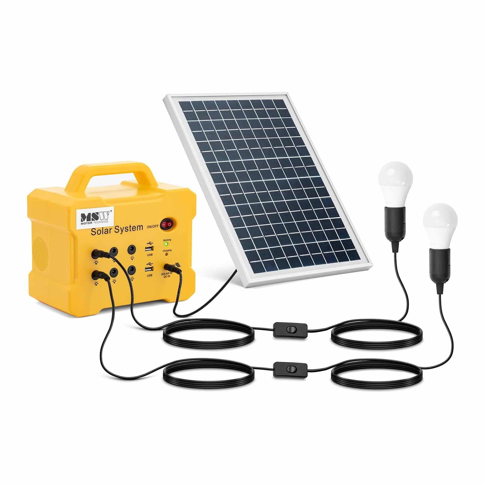 MSW Solarladeregler Powerstation mit Solarpanel 10 W 2 LED-Leuchten 6 x 12 V (DC) + 2 x